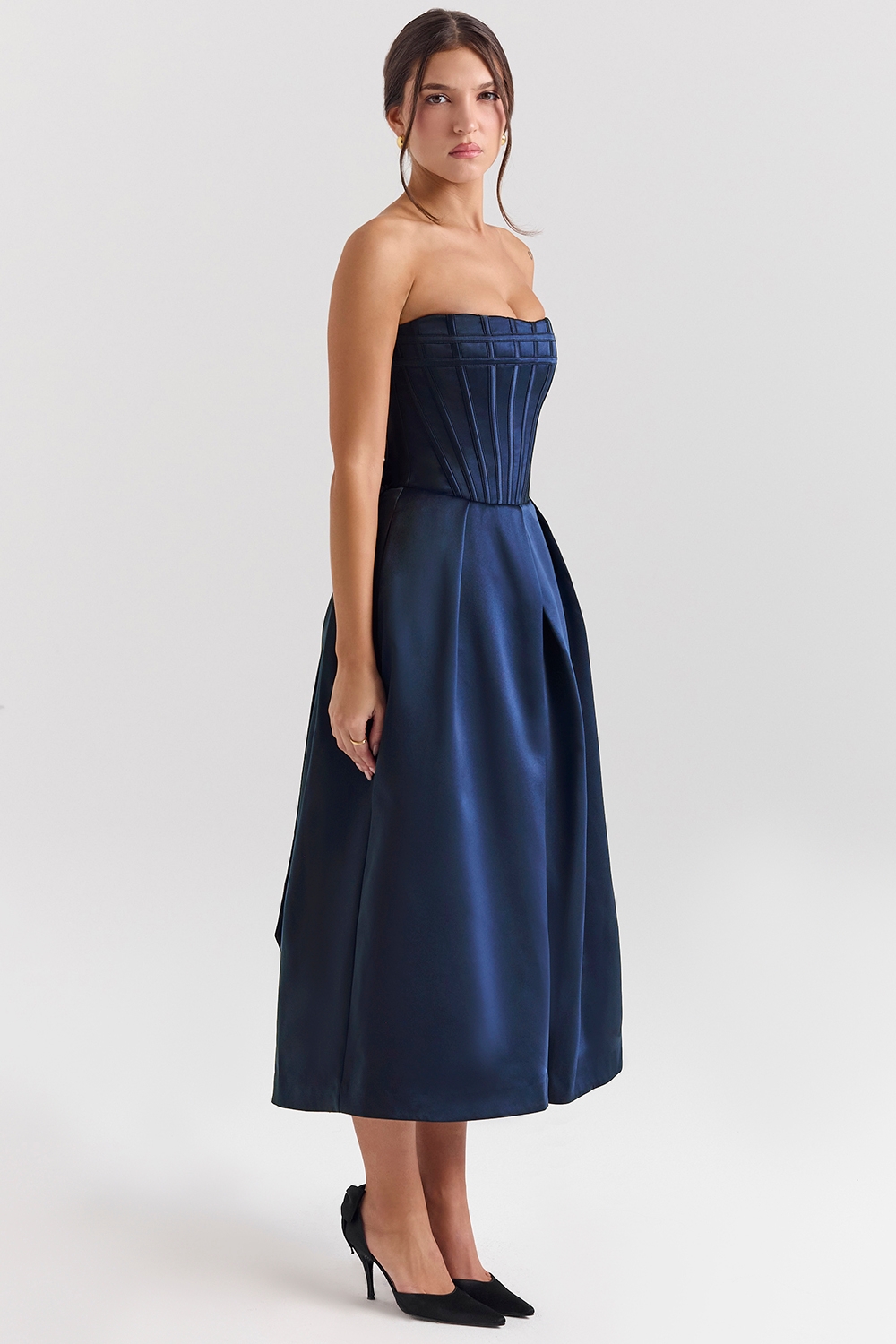 Bellina-Midnight Blue Strapless Detachable Bow Midi Dress