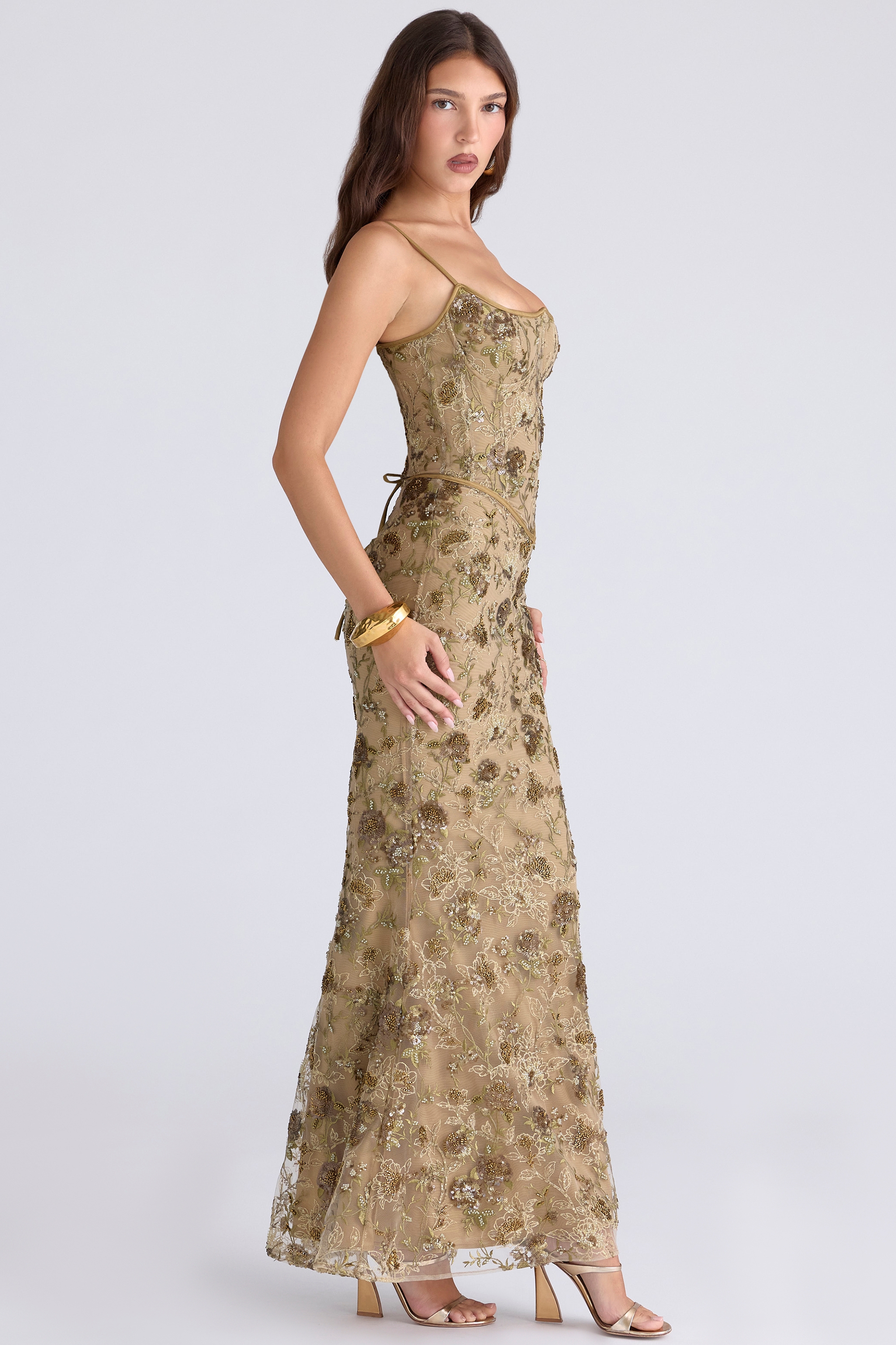 Naima-Olive Bronze Hand Beaded Embellished Corset Maxi Dress - Limited Edition
