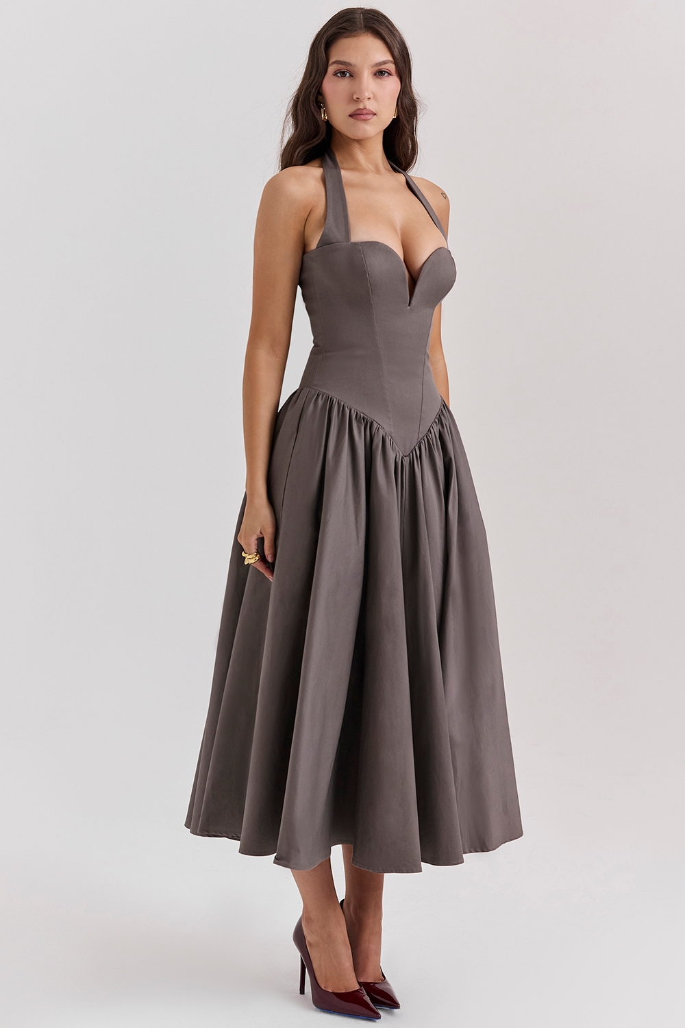 Coquette-Smoke Halter Midi Dress