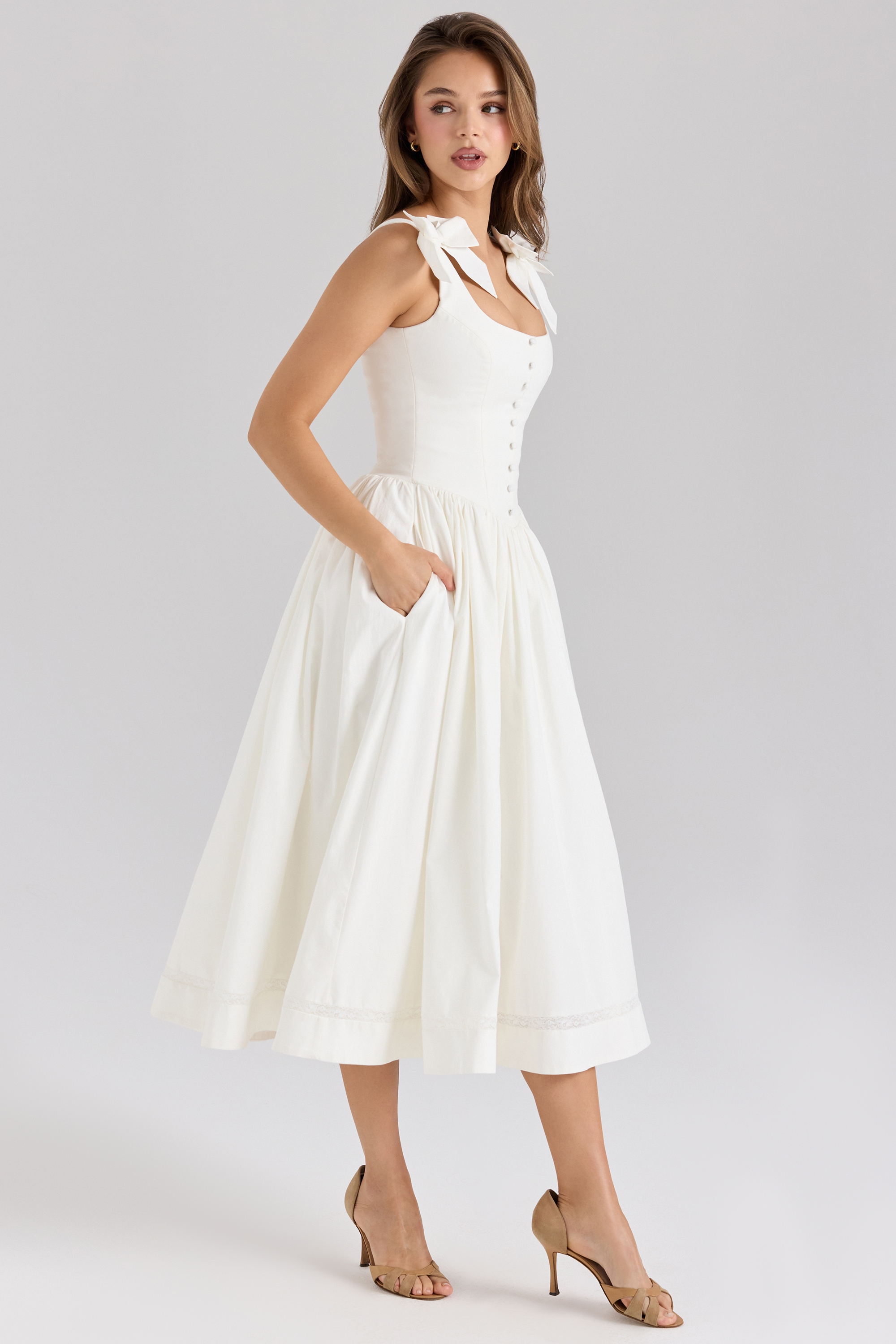 Lillia-White Stretch Cotton Bow Midi Dress