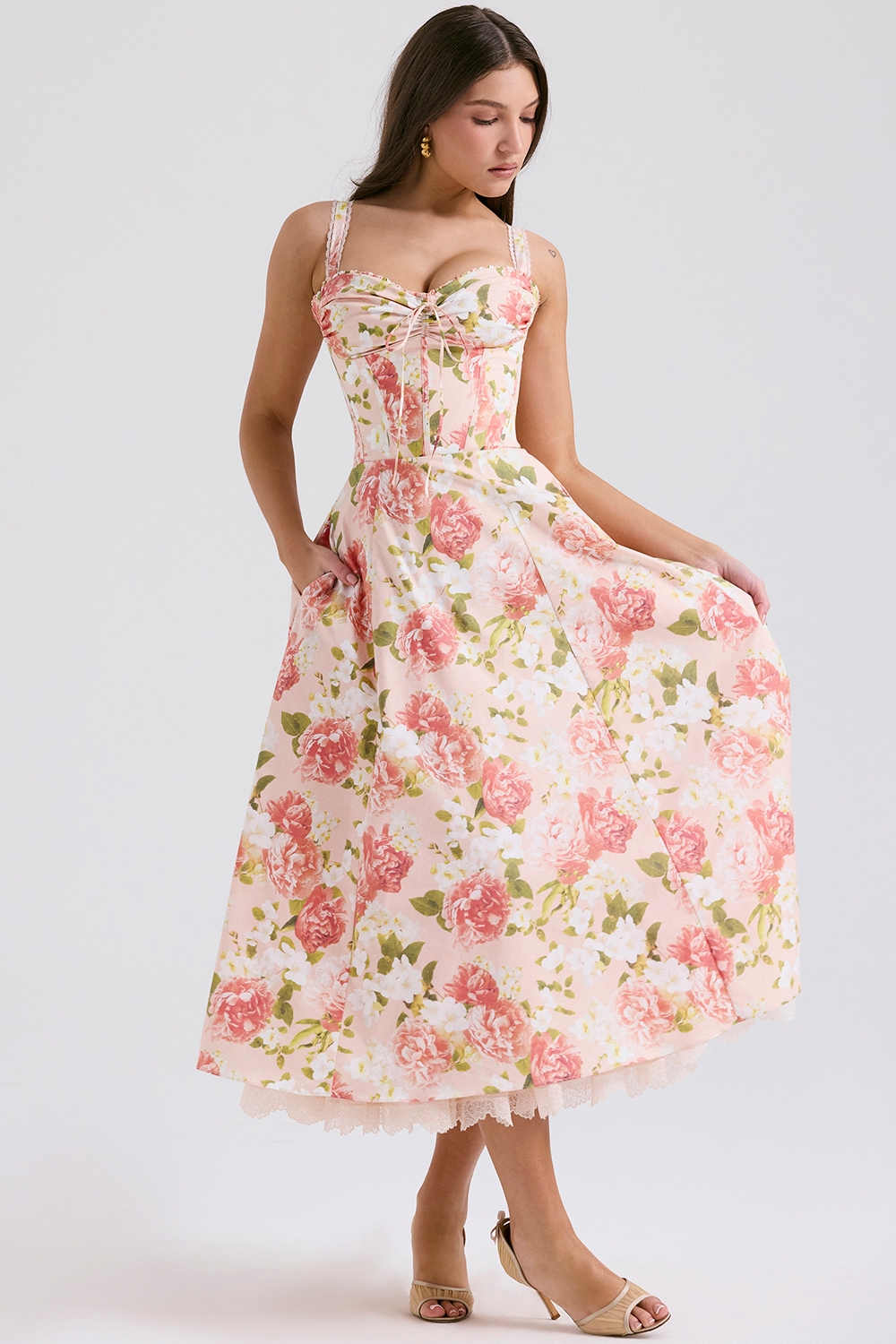 Rosalee-Pink Peony Print Cotton Bustier Sundress