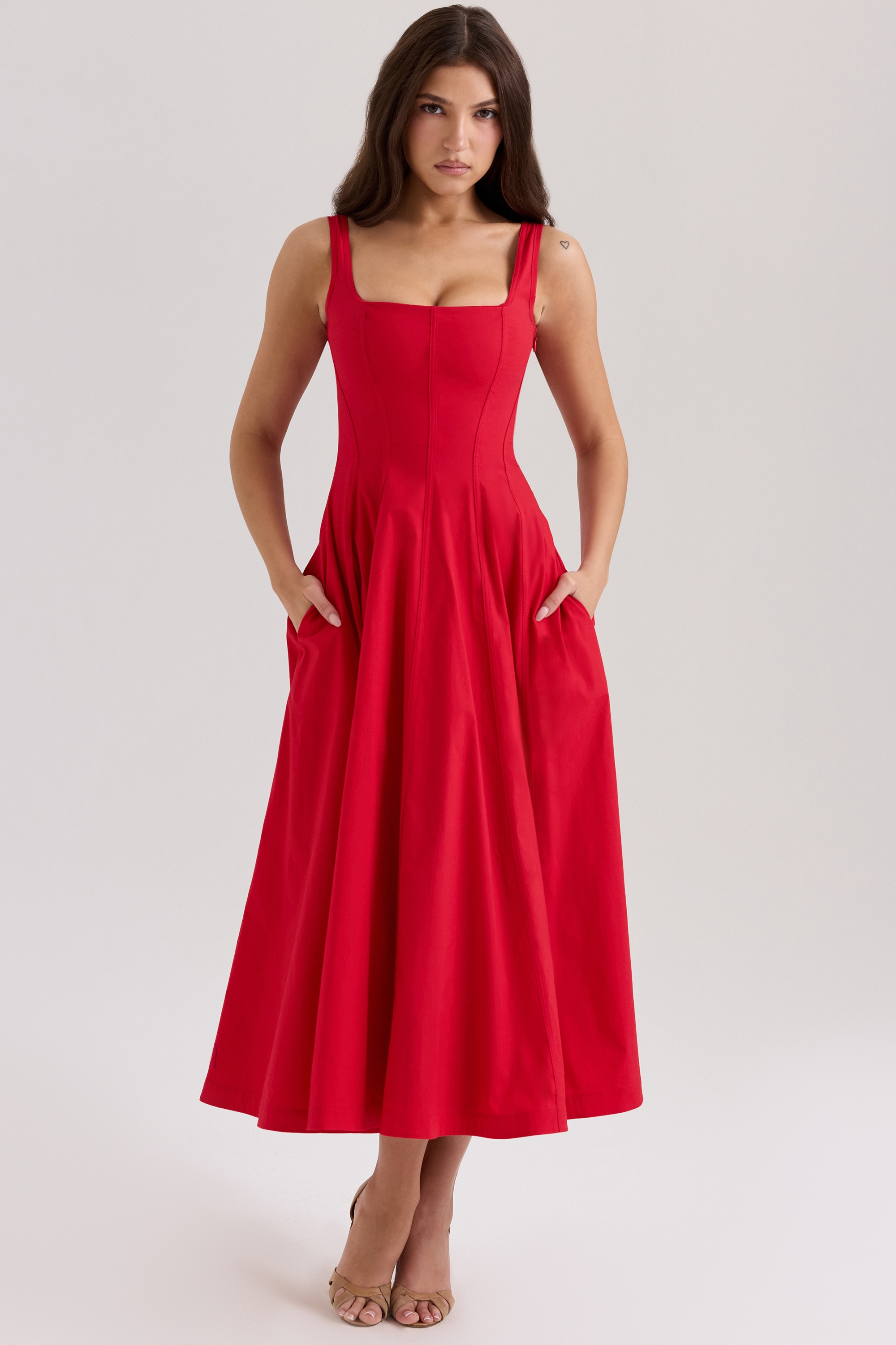 Mariabella-Red Stretch Cotton Midi Sundress