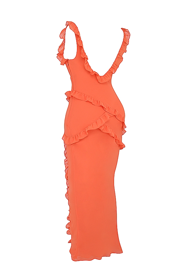 Pixie-Flame Orange Ruffle Maxi Dress