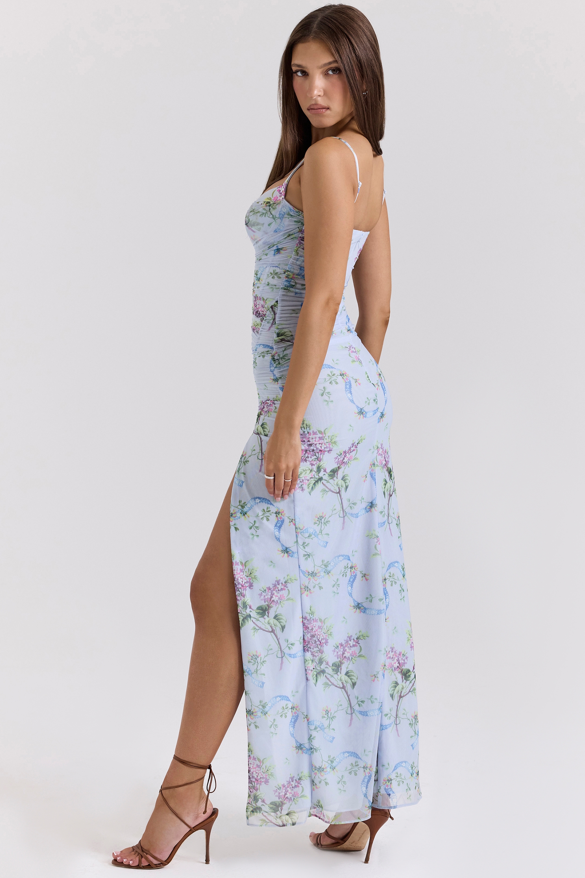 Lini-Blue Floral Print Mesh Maxi Dress