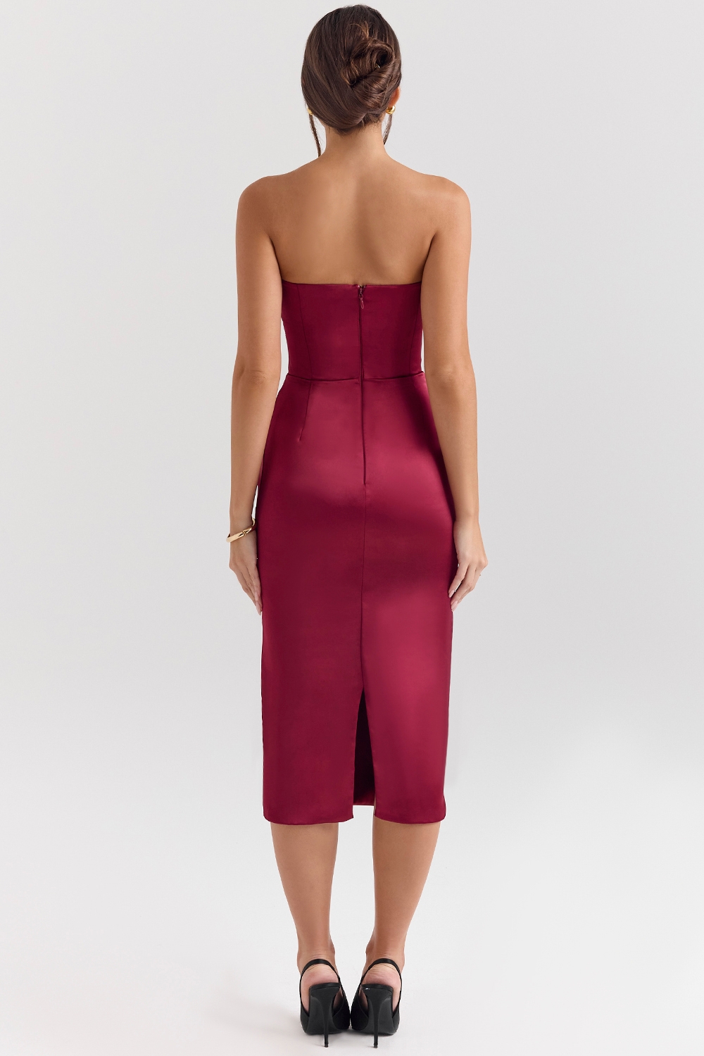 Santana-Berry Satin Strapless Midi Dress