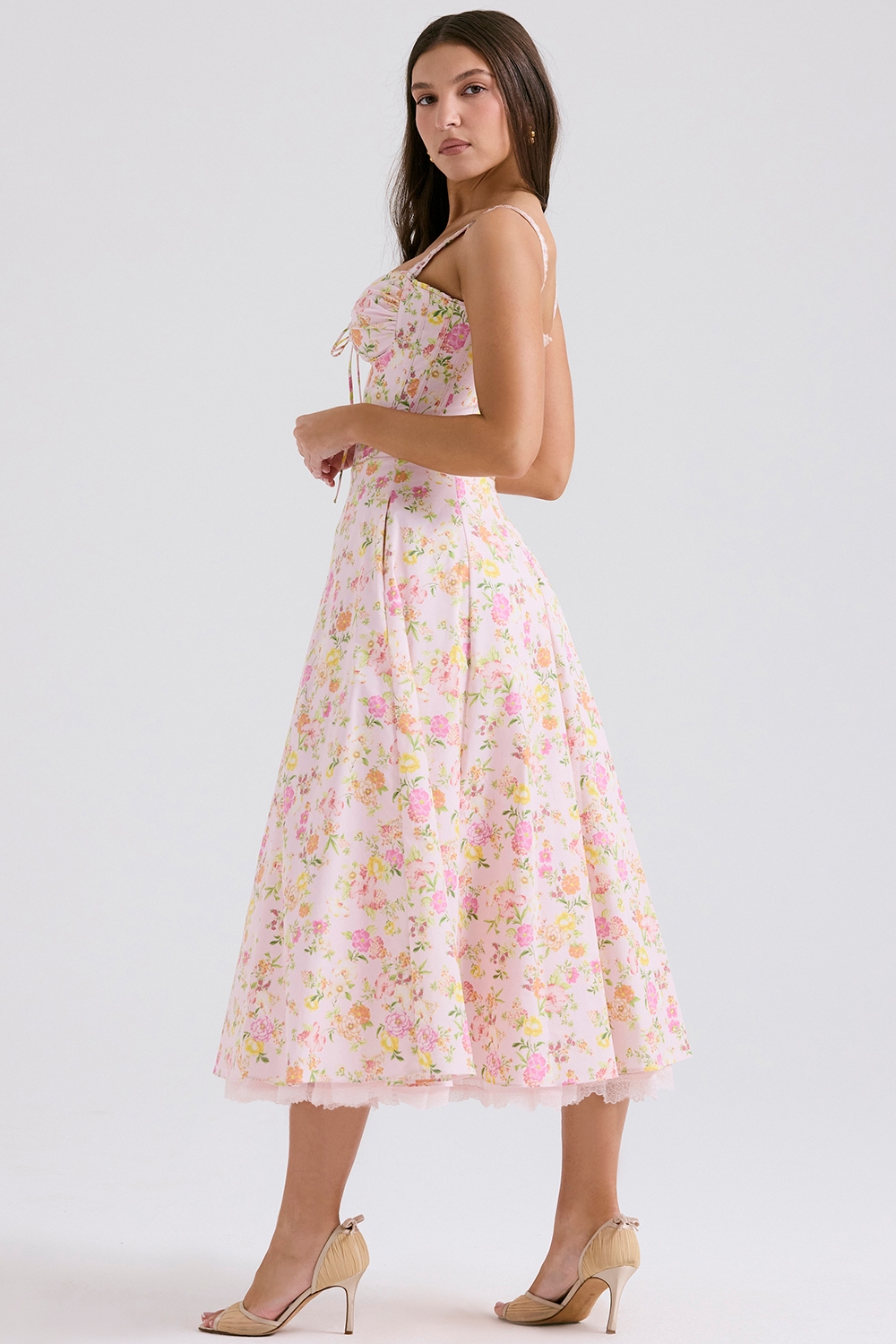 Rosalee-Pink Meadow Print Cotton Bustier Sundress