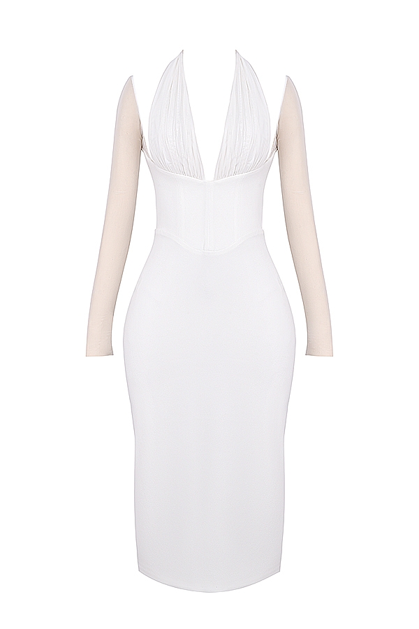 Yasmin-White Plunge Midi Dress