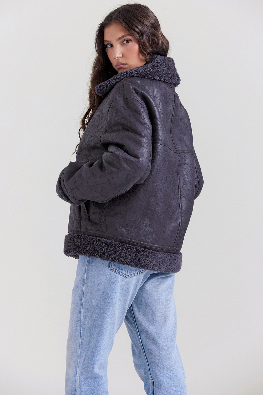 Madden-Grey Vegan Shearling Aviator Jacket