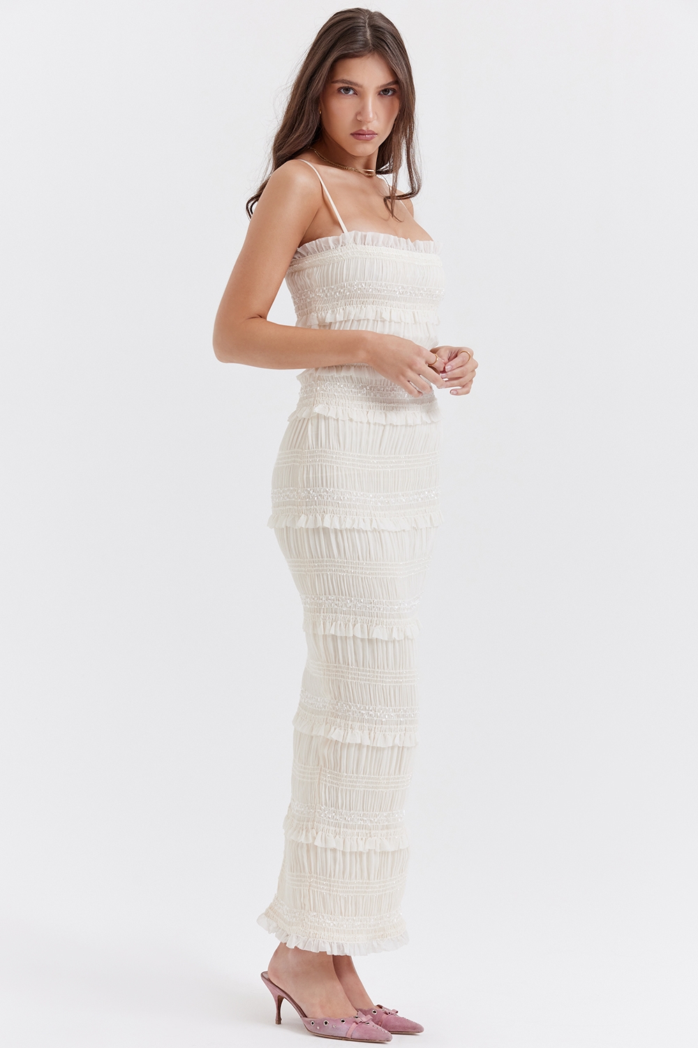 Solana-Ivory Sequin Pleat Maxi Dress