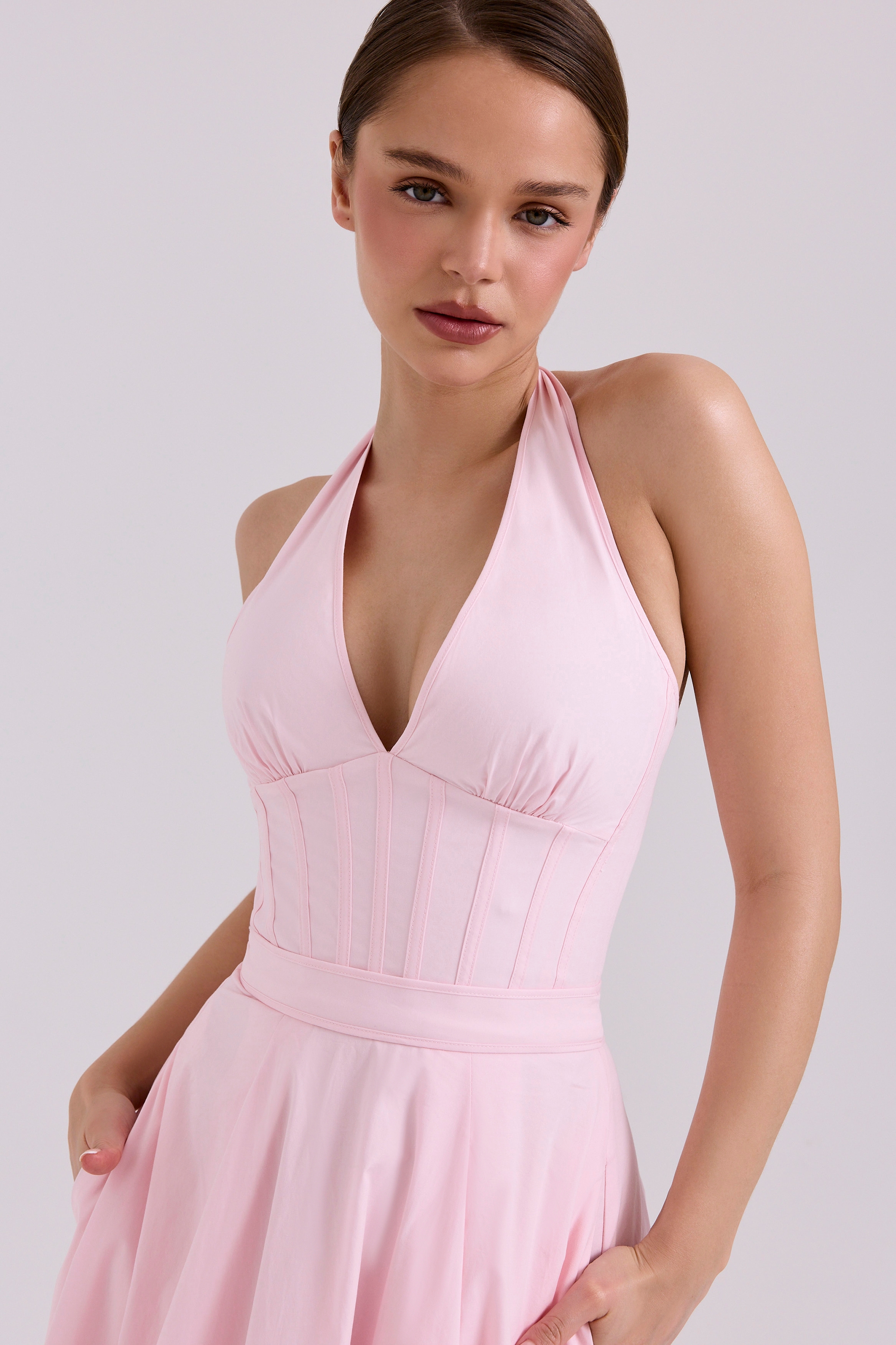 Allena-Pink Stretch Cotton Halter Midi Sundress