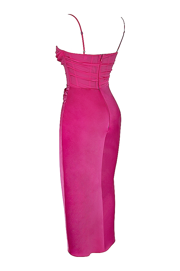 Teia-Hot Pink Draped Corset Midi Dress