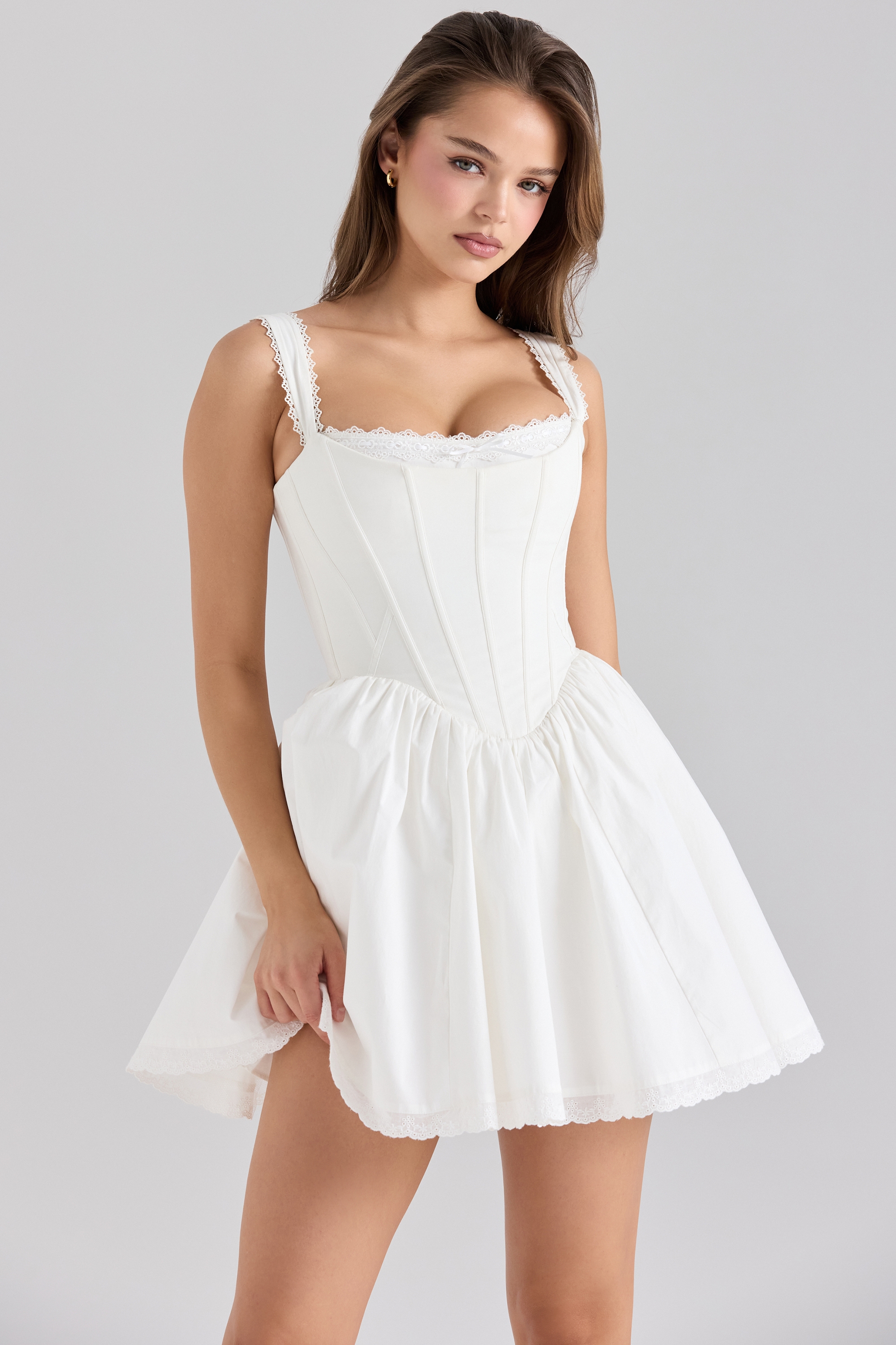 Ami-White Stretch Cotton Corset Mini Dress