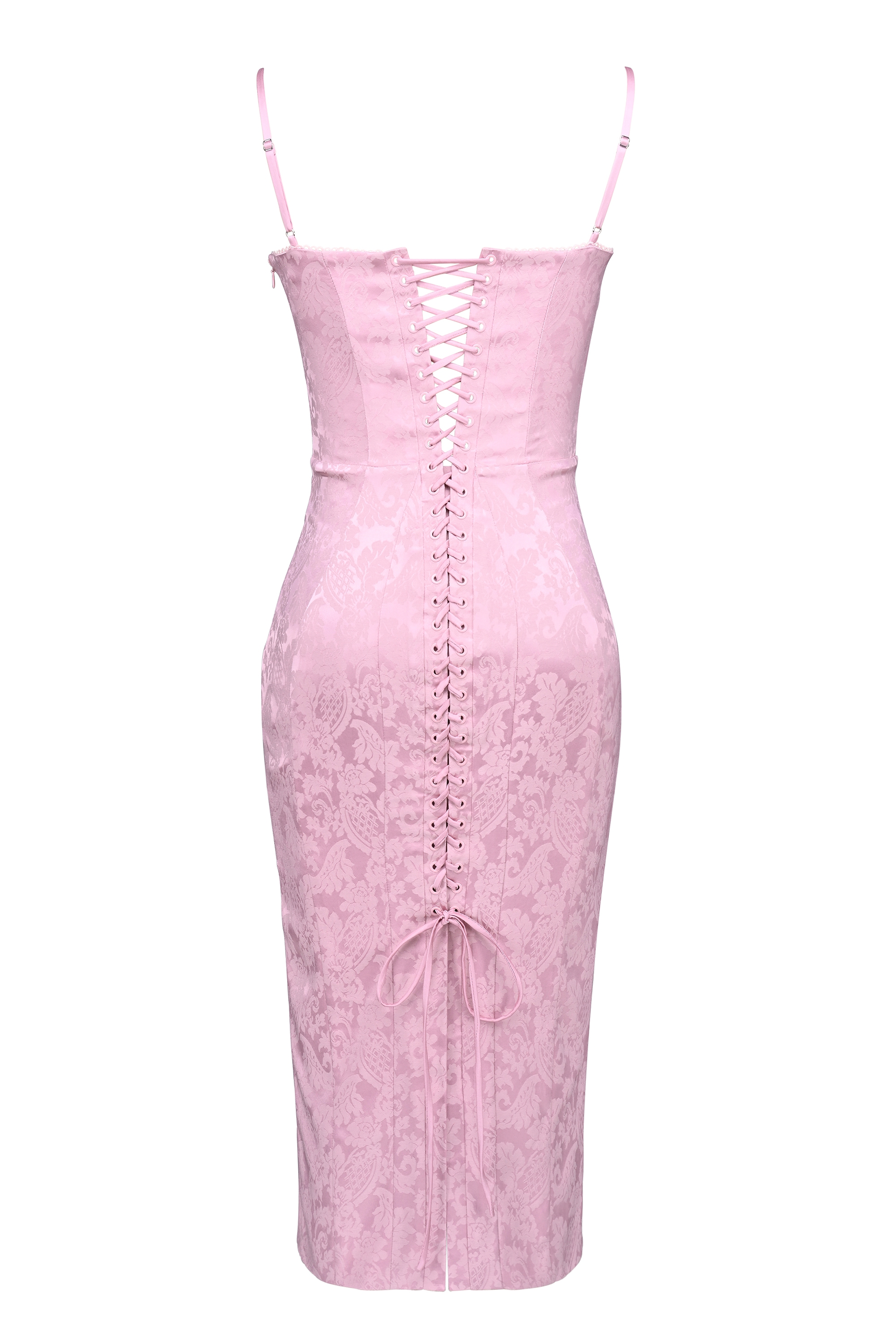 Ophelle-Pink Jacquard Lace Up Bodycon Midi Dress
