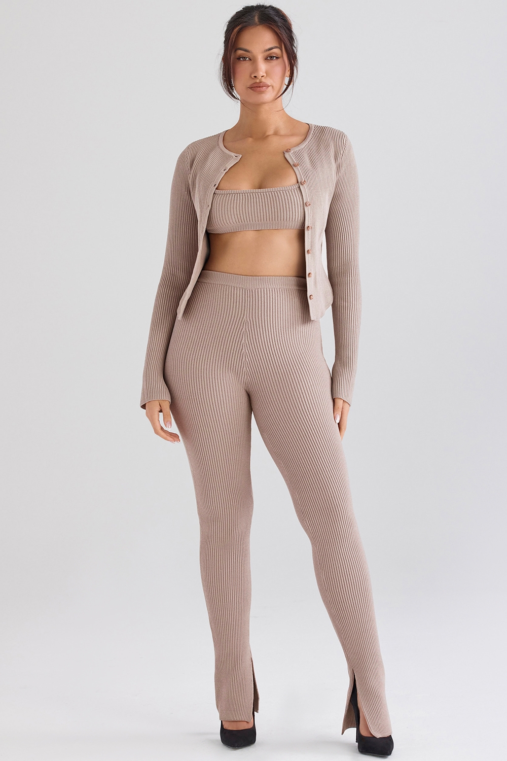 Sylvia-Taupe Ribbed Knit Cardigan - SALE