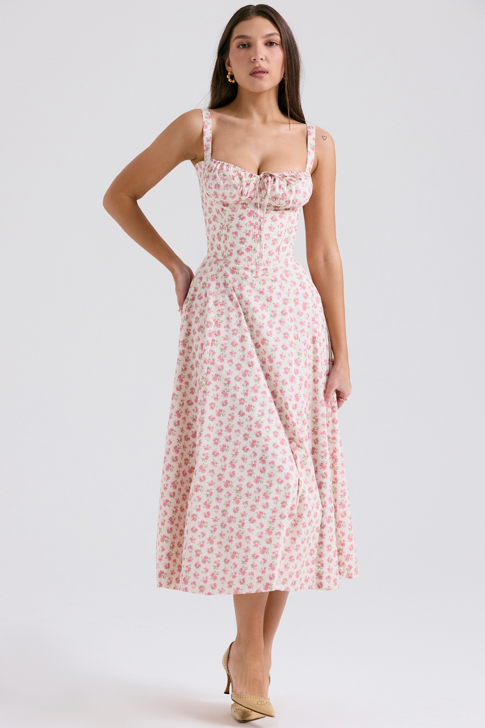Carmen-White Rosebud Print Cotton Bustier Sundress