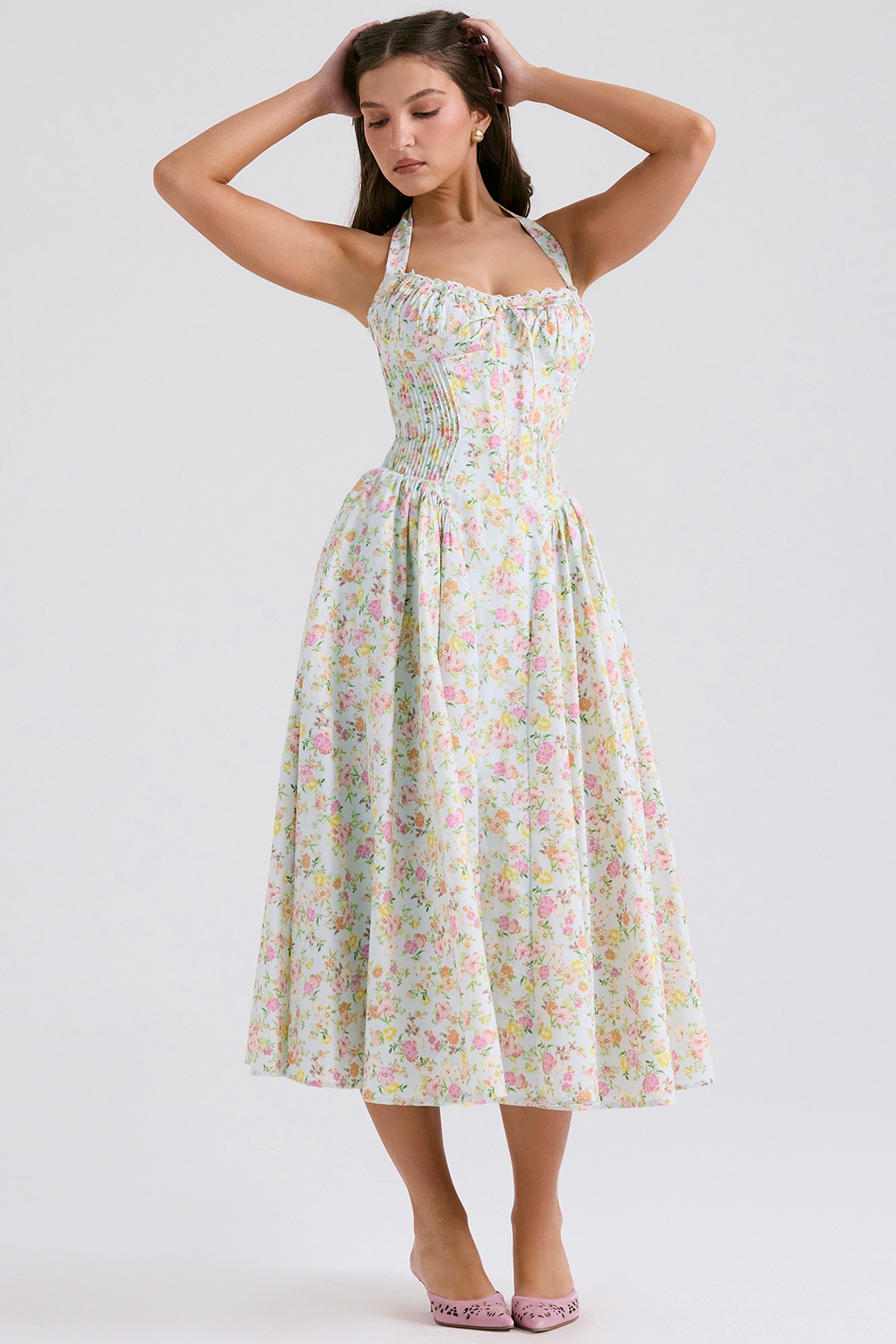 Adabella-Pale Blue Meadow Print Cotton Halter Sundress