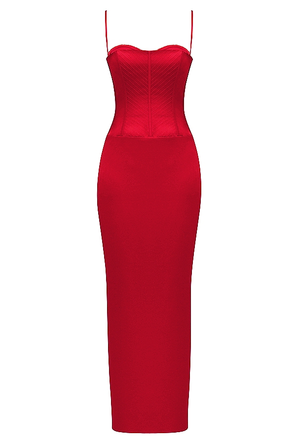 Shani-Red Satin Corset Maxi Dress