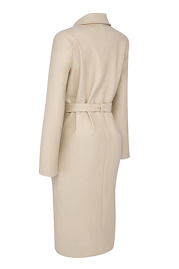 Ariel-Beige Vegan Leather Trench Coat