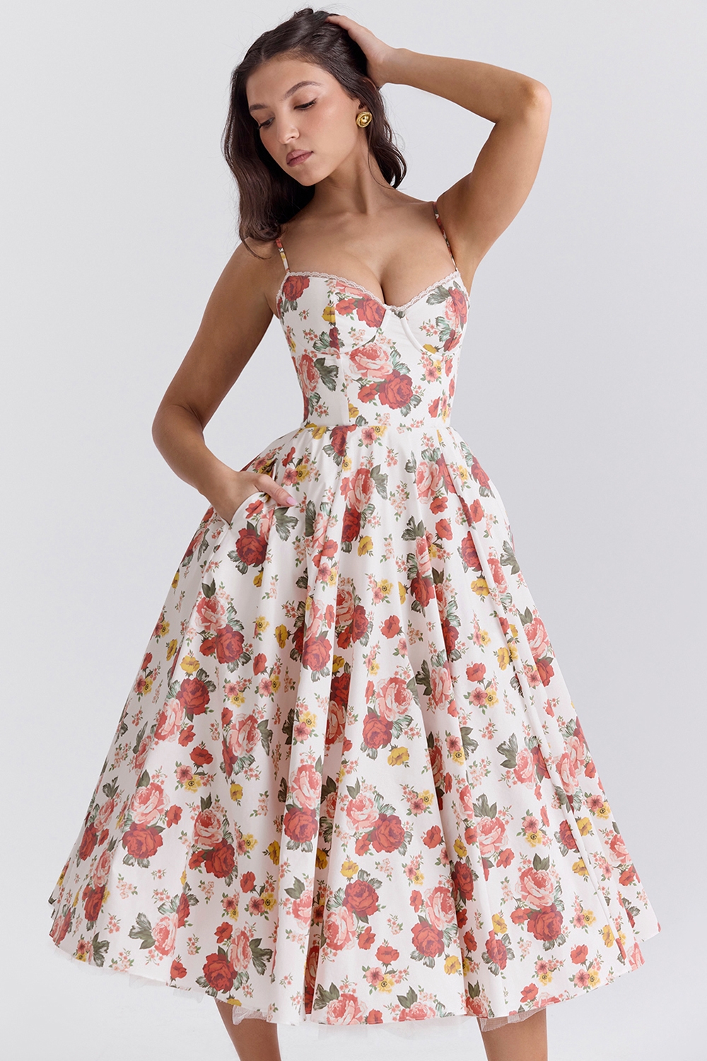 Mademoiselle-Italian Rose Print Tulle Midi Dress