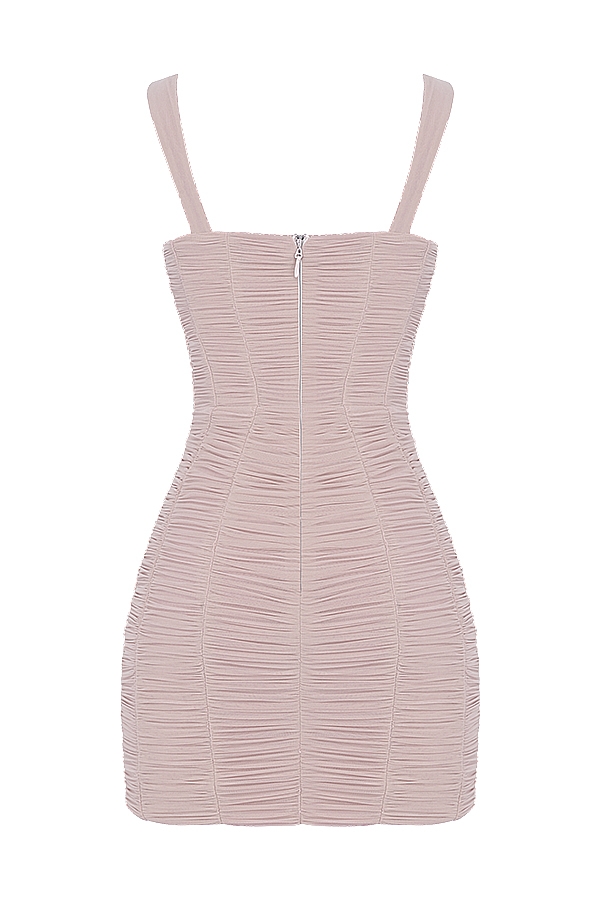 Cate-Crystal Ruched Mesh Mini Dress