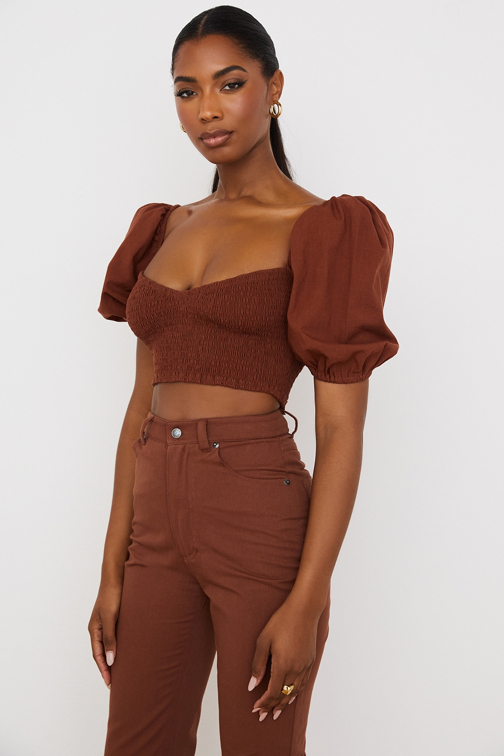 Lavanna-Cocoa Puff Sleeve Cropped Top