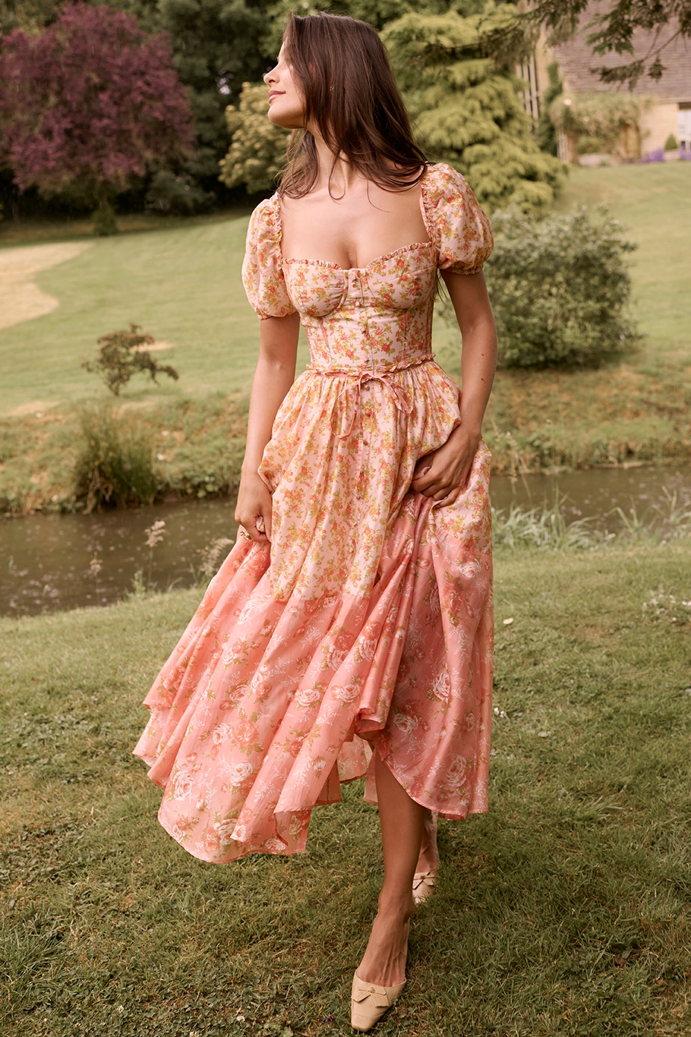 Penelope-Peach Poppy Print Puff Sleeve Midi Sundress