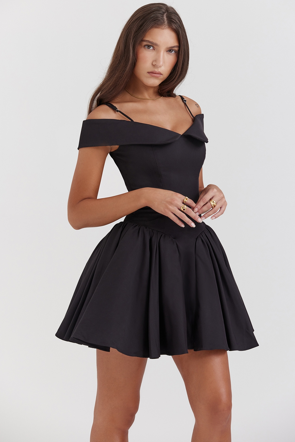 Elida-Black Off Shoulder Mini Dress