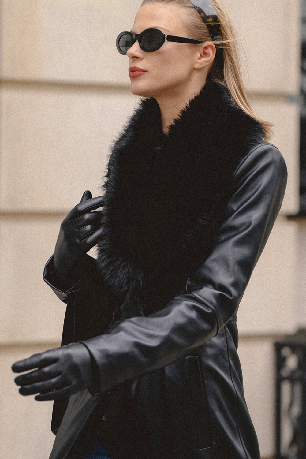 Marcel-Black Faux Fur Trimmed Vegan Leather Coat