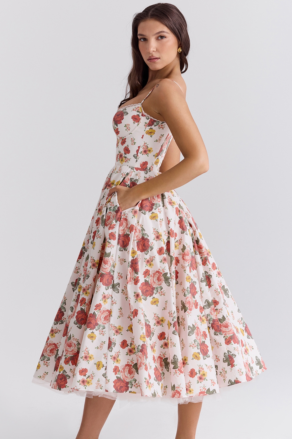 Mademoiselle-Italian Rose Print Tulle Midi Dress