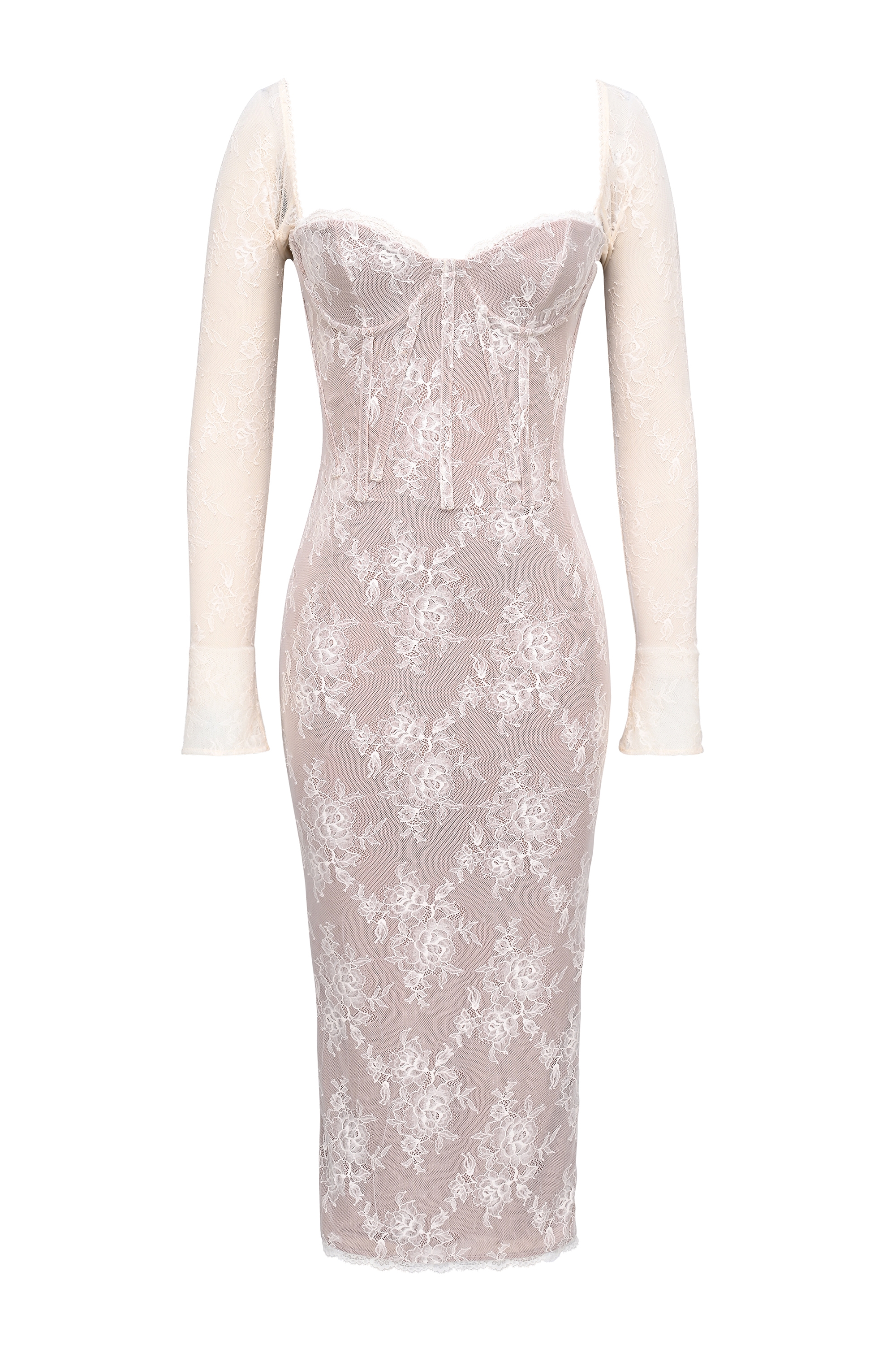 Saisha-Ivory Lace Long Sleeve Midi Dress