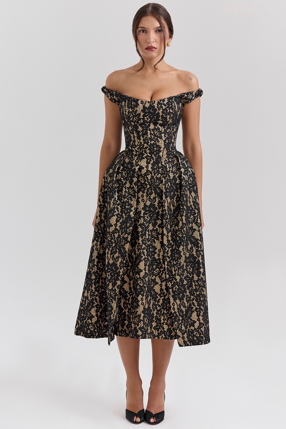 Charming-Black Gold Lace Off Shoulder Midi Gown