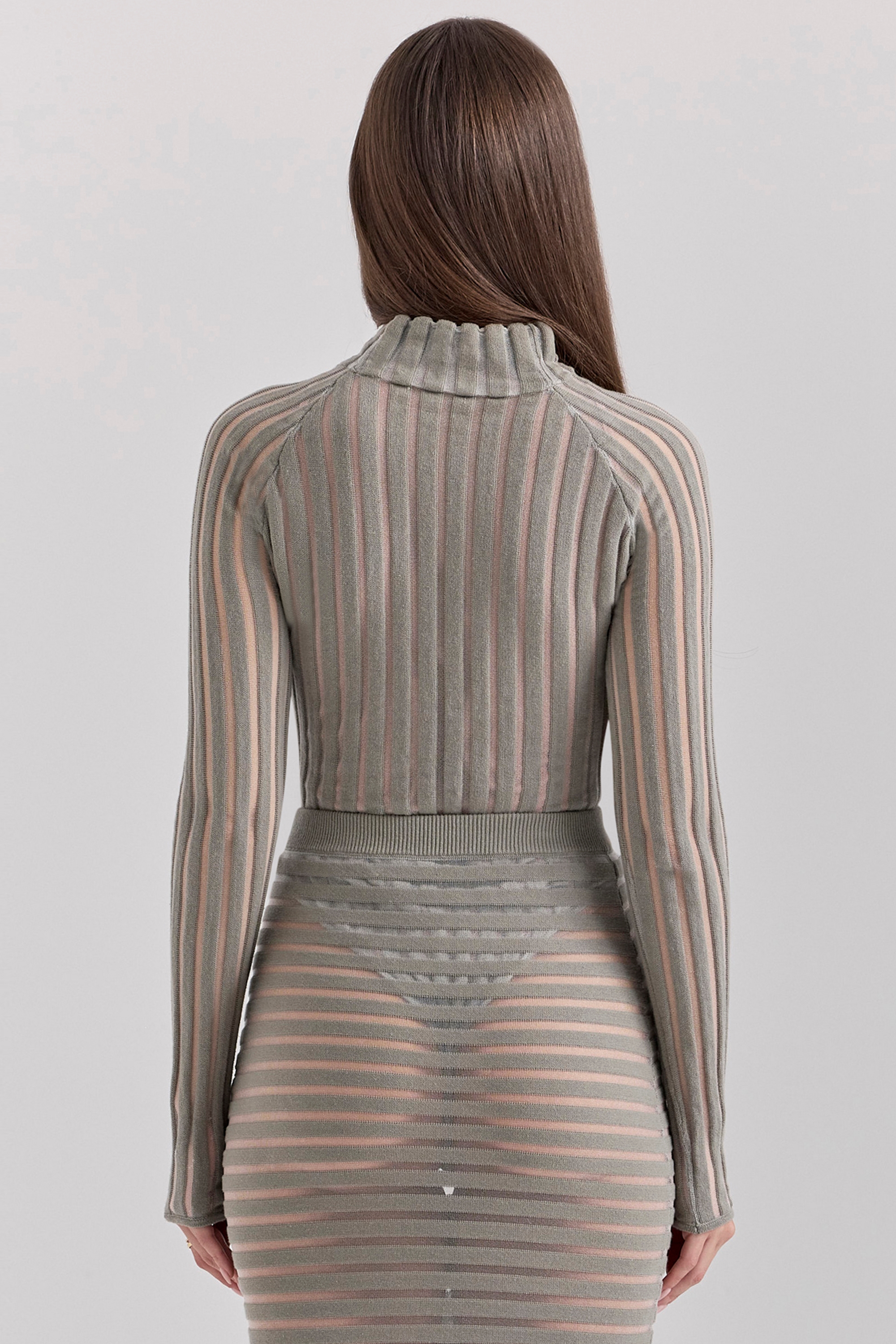 Rowena-Grey Velour Sheer Striped Bodysuit