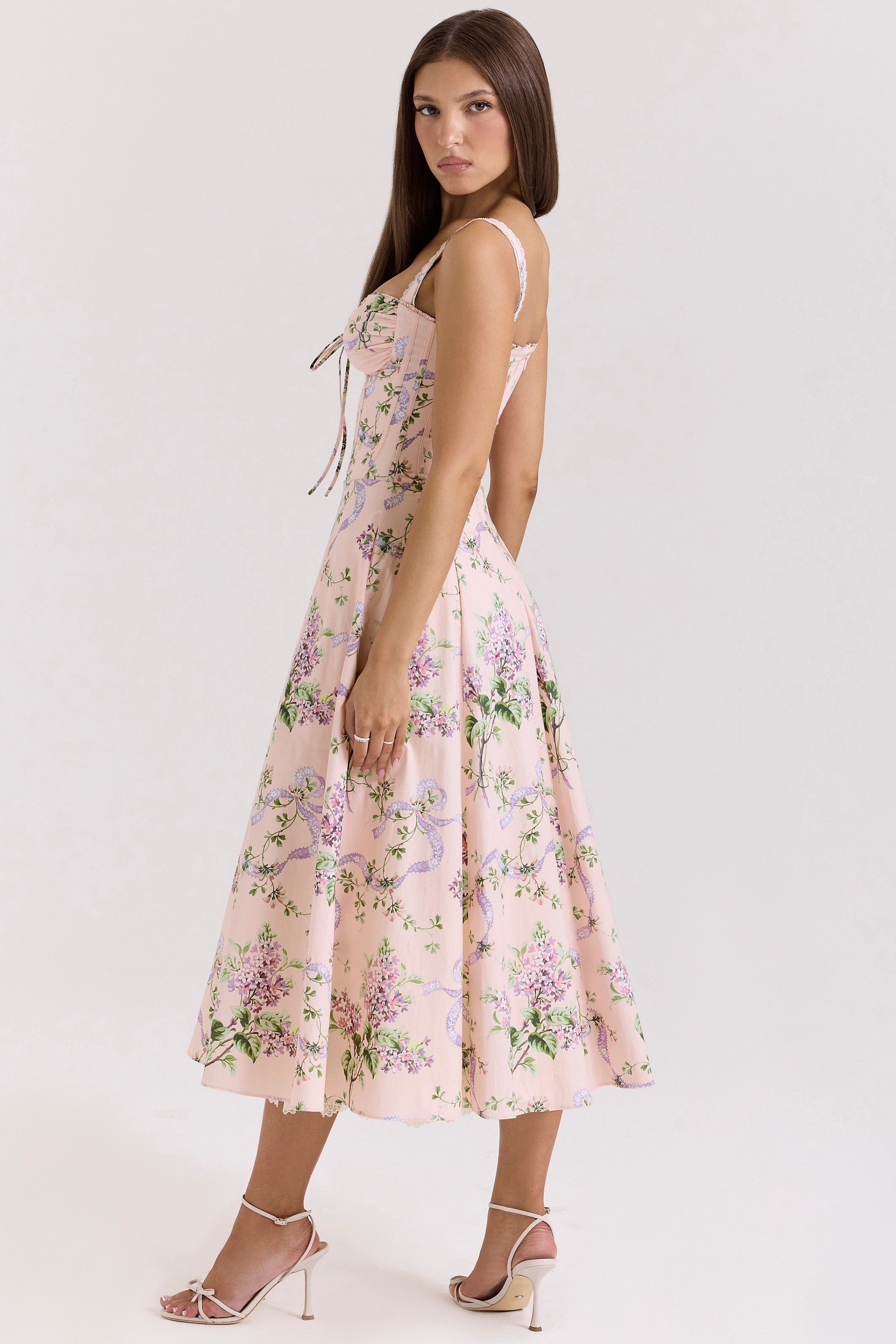 Rosalee-Pink Floral Corset Midi Dress