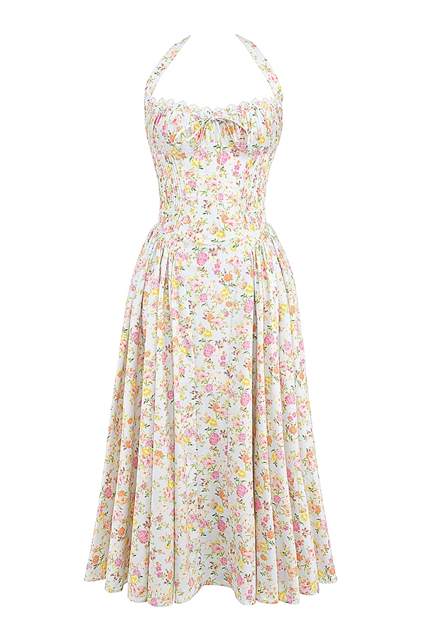 Adabella-Pale Blue Meadow Print Cotton Halter Sundress