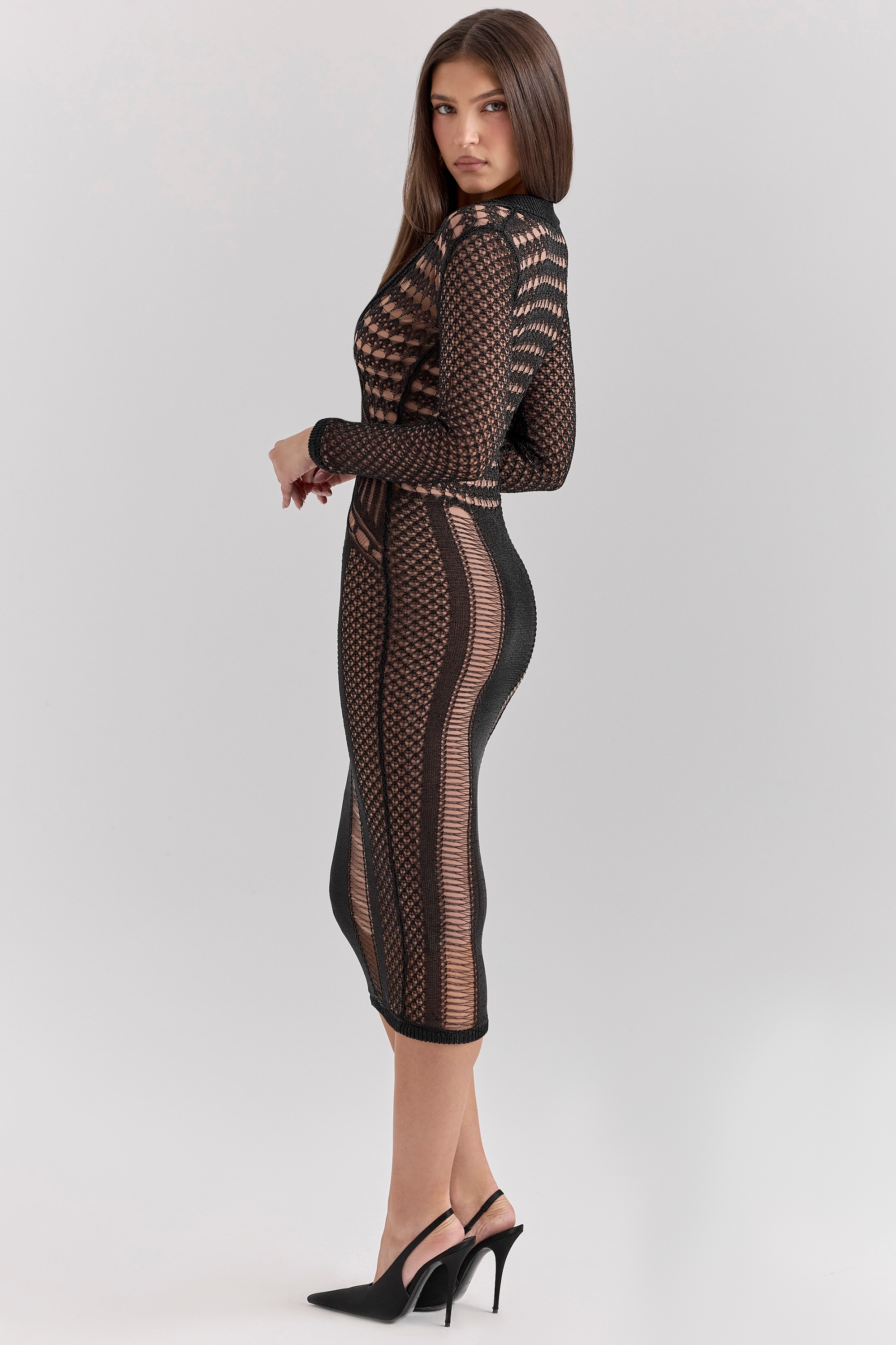 Loula-Black Plunge Open Knit Midi Dress - SALE