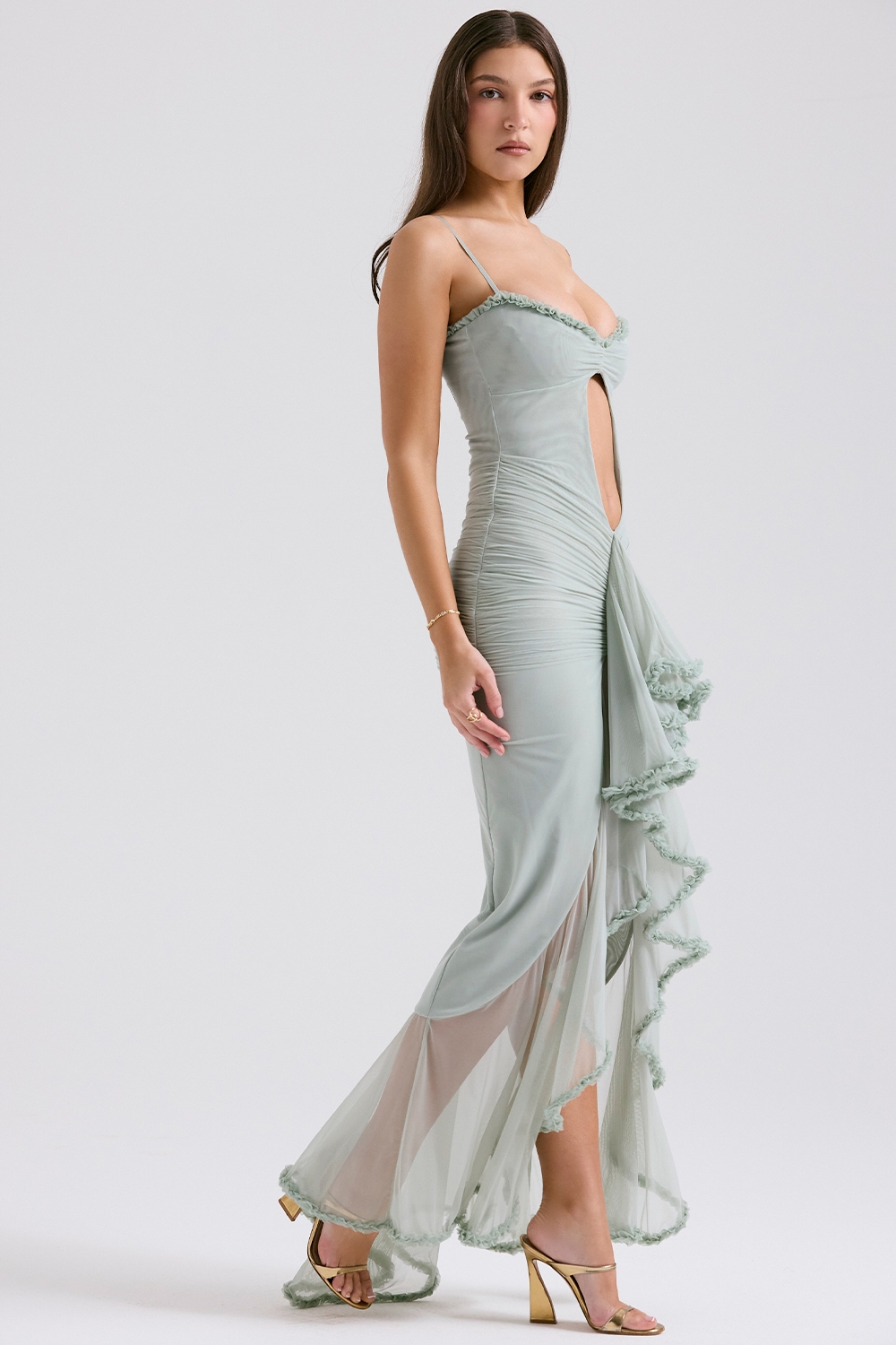 Gabriella-Pistachio Ruffled Front Gown