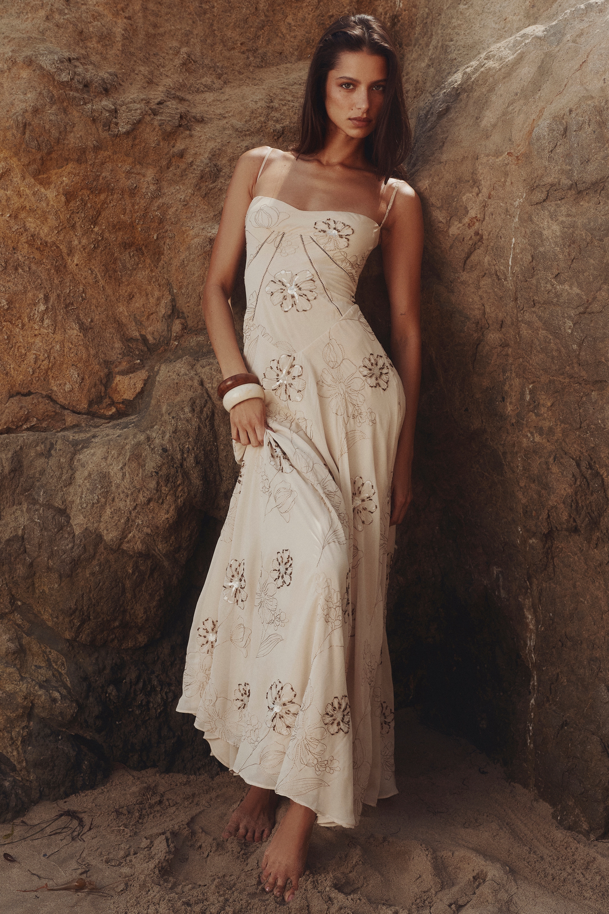 Seren-Vanilla Embroidered Hand Beaded Floral Maxi Dress
