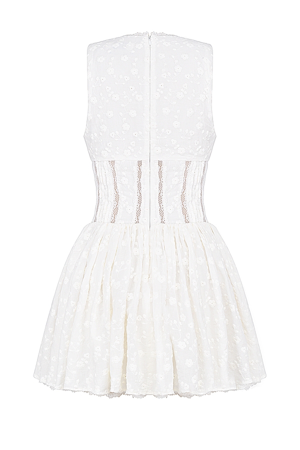 Sarita-White Cotton Broderie Anglais Plunge Mini Dress