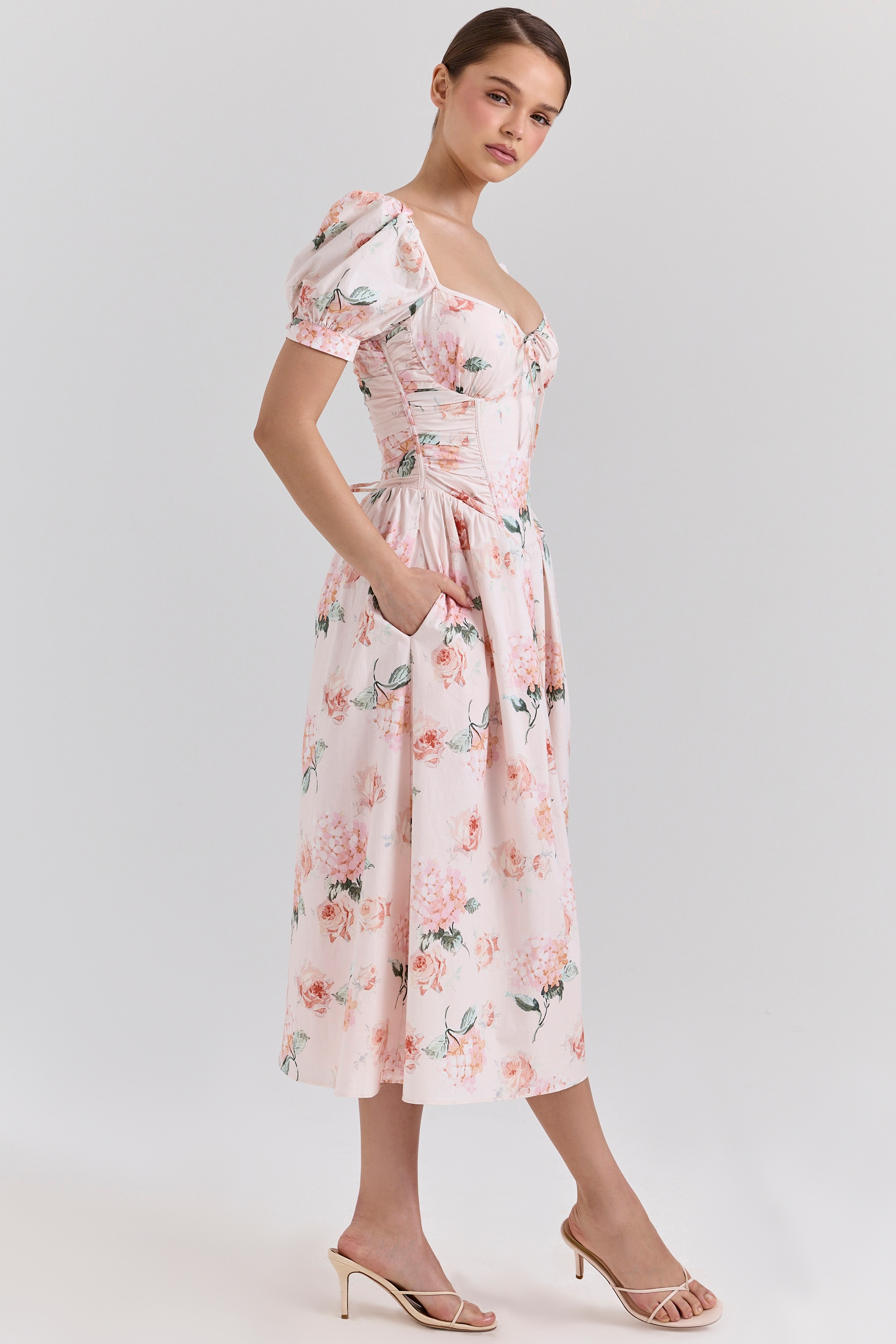 Lulabell-Peach Floral Cotton Puff Sleeve Midi Dress