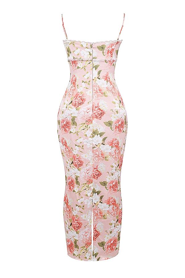 Josefina-Pink Peony Print Satin Maxi Dress
