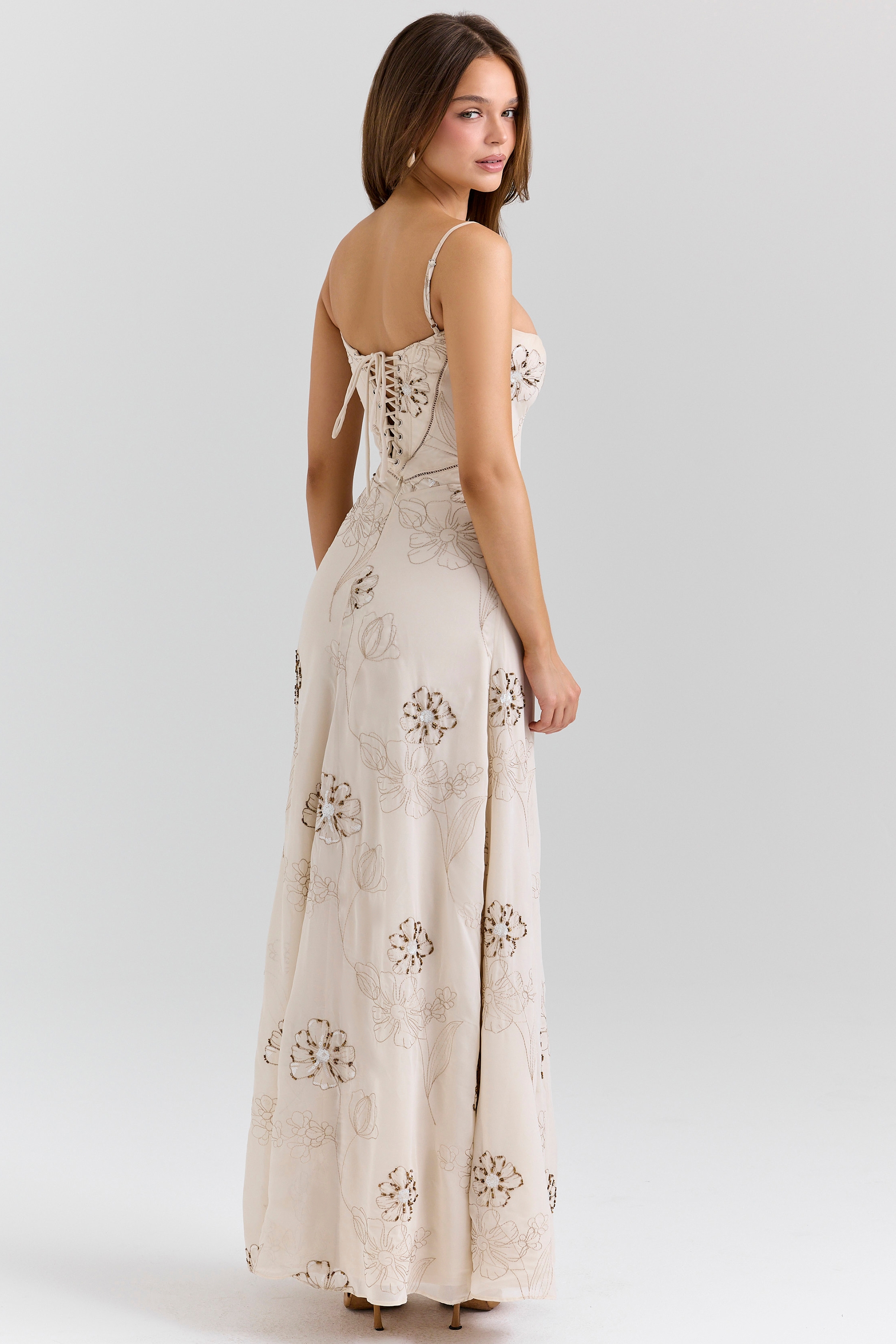 Seren-Vanilla Embroidered Hand Beaded Floral Maxi Dress