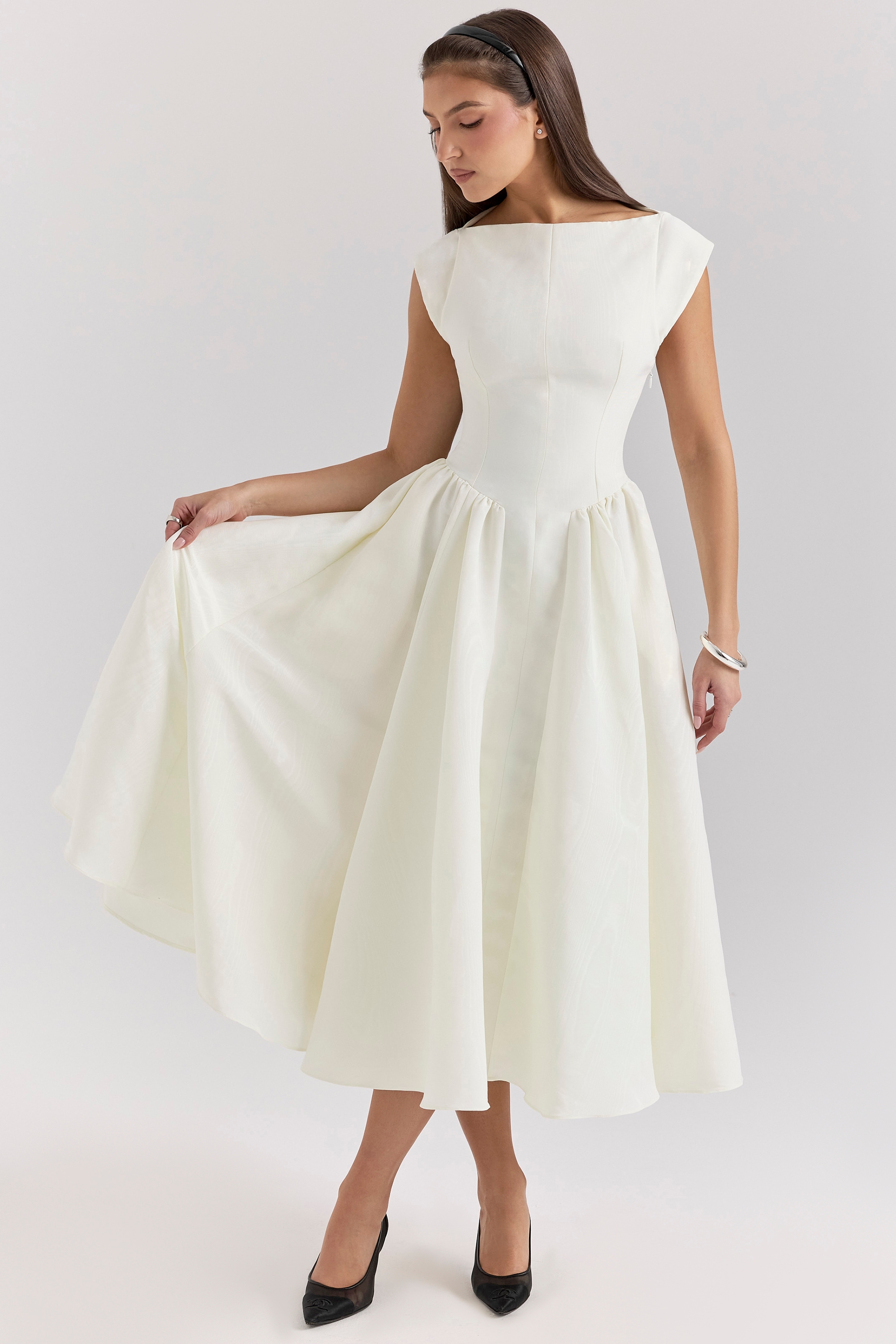 Debutante-Ivory Moire Satin Midi Dress
