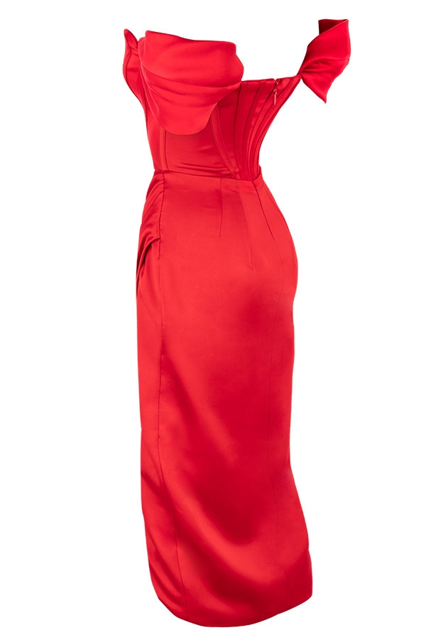 Loretta-Red Satin Off Shoulder Dress