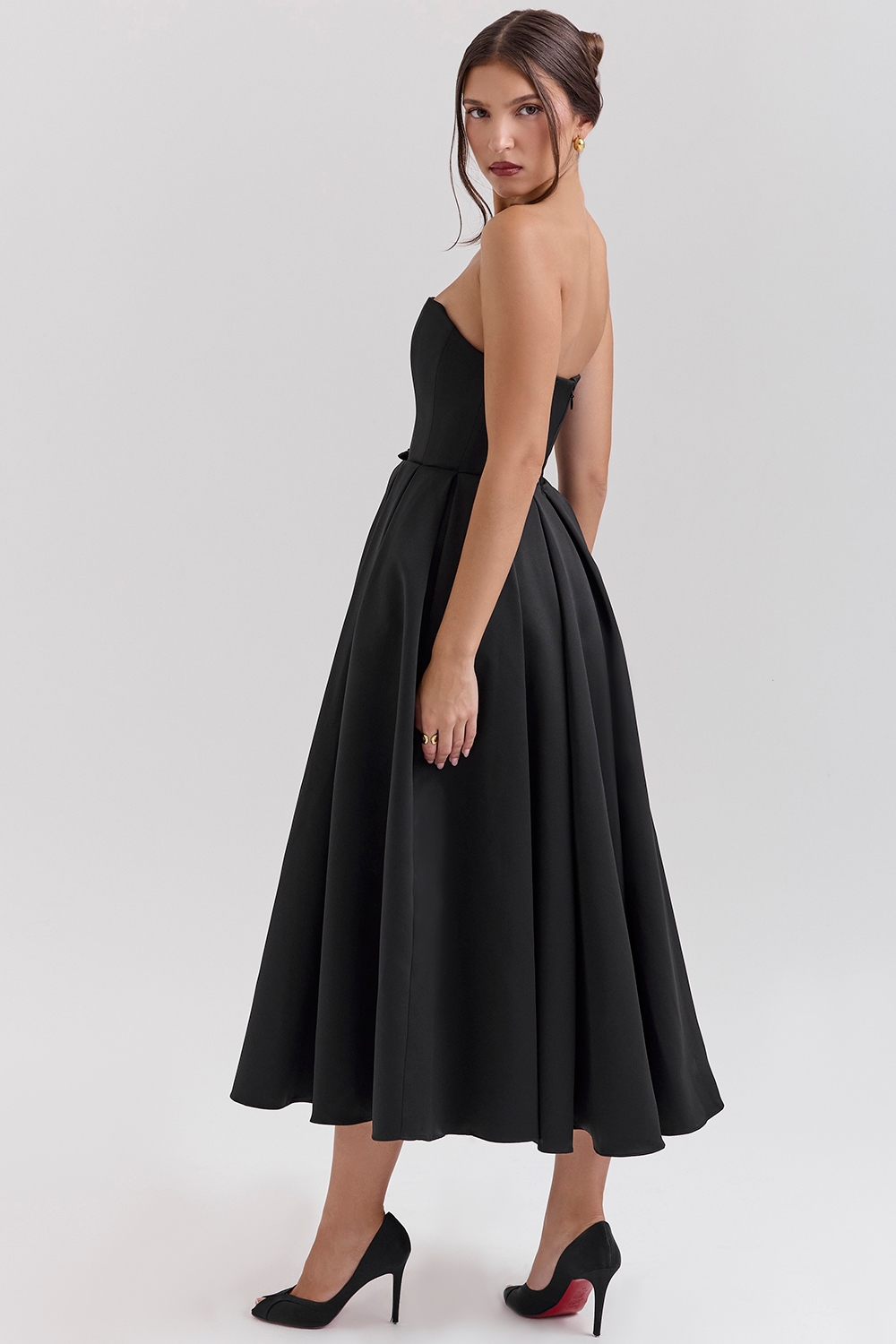 Contessa-Black Strapless Satin Corset Midi Dress - SALE