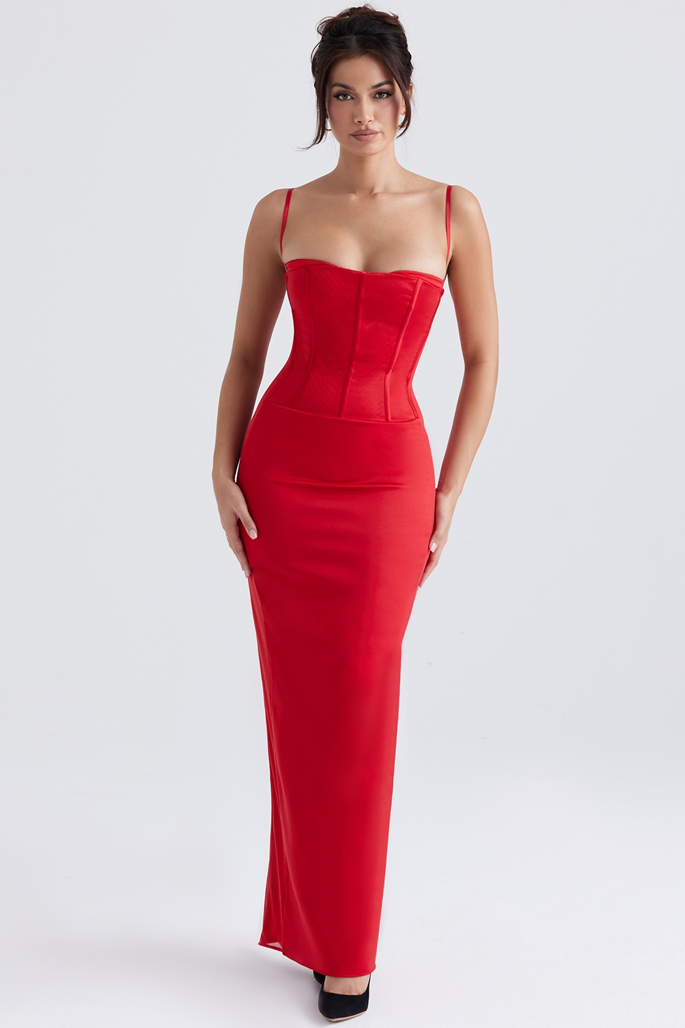 Shani-Red Satin Corset Maxi Dress
