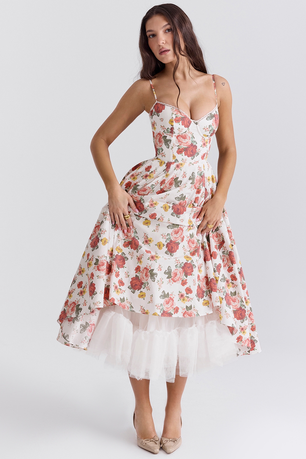 Mademoiselle-Italian Rose Print Tulle Midi Dress