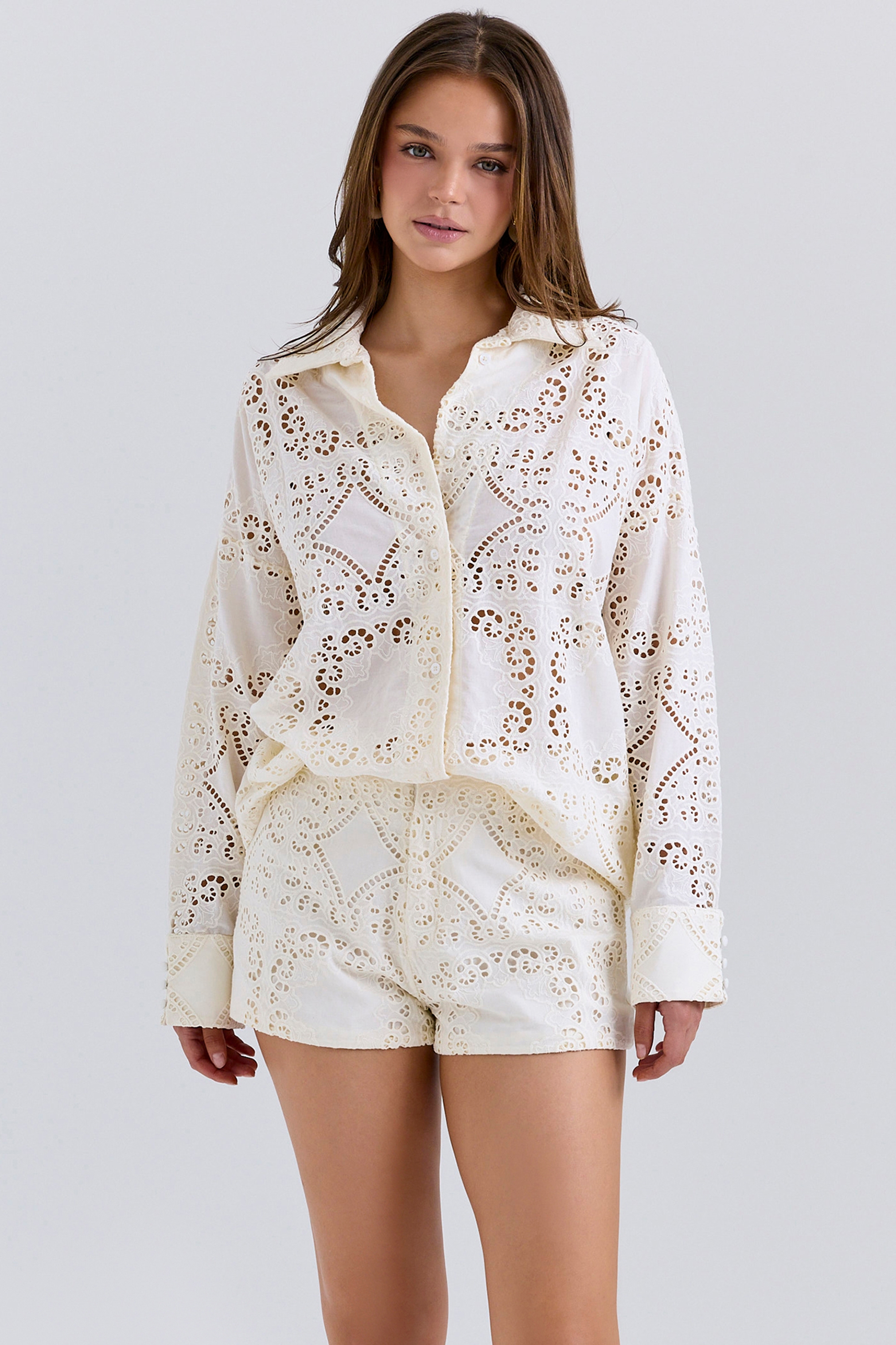 Eman-White Cotton Broderie Anglaise Shorts