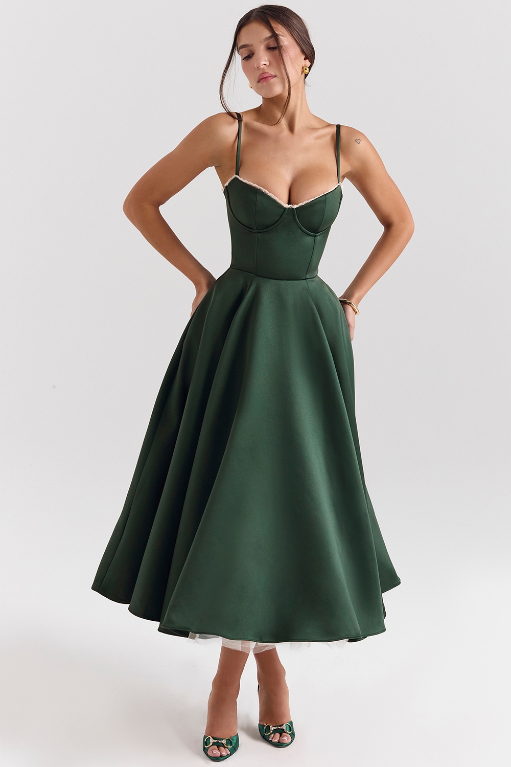 Mademoiselle-Forest Green Satin Tulle Midi Dress