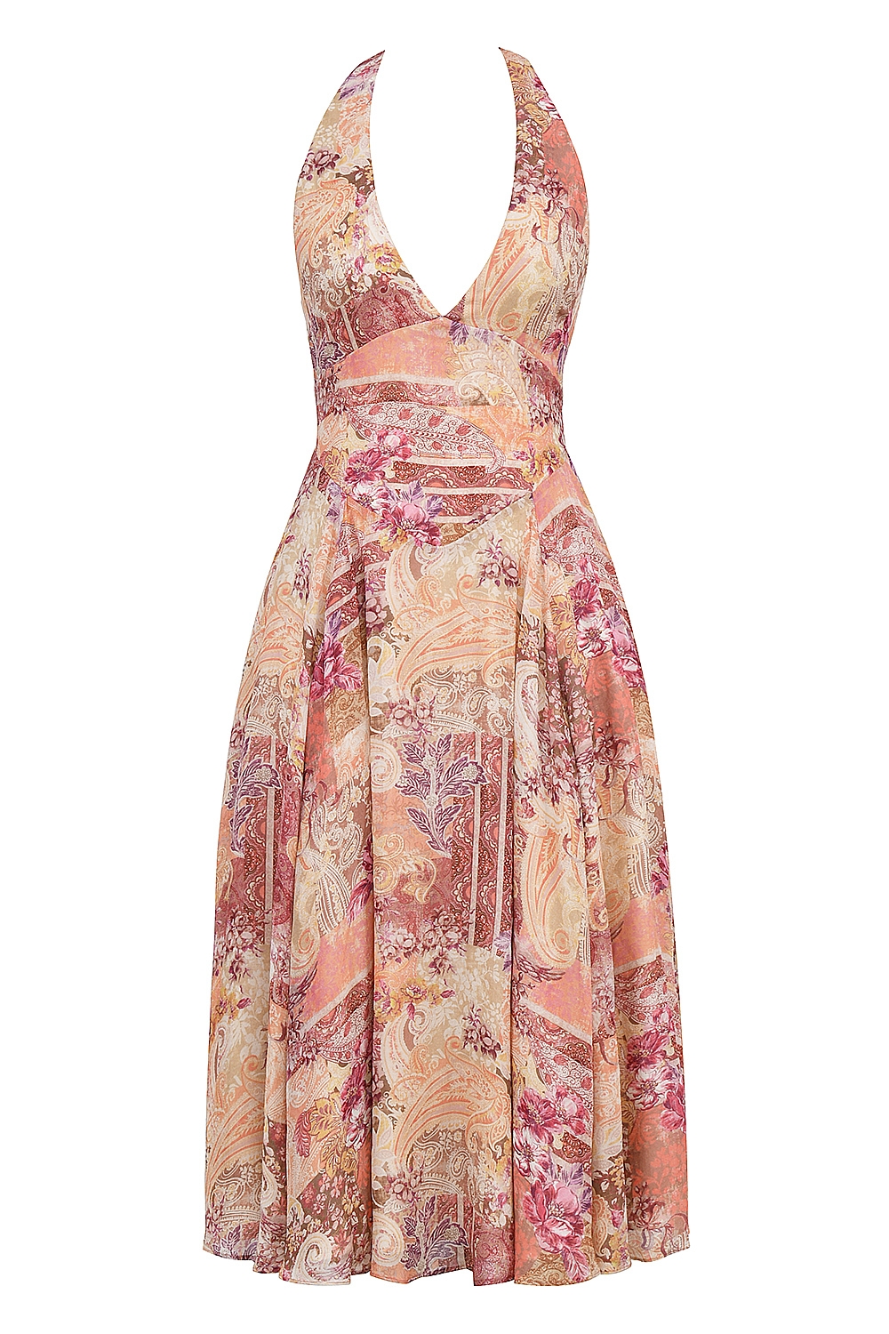 Solada-Paisley Patchwork Print Georgette Halter Sundress