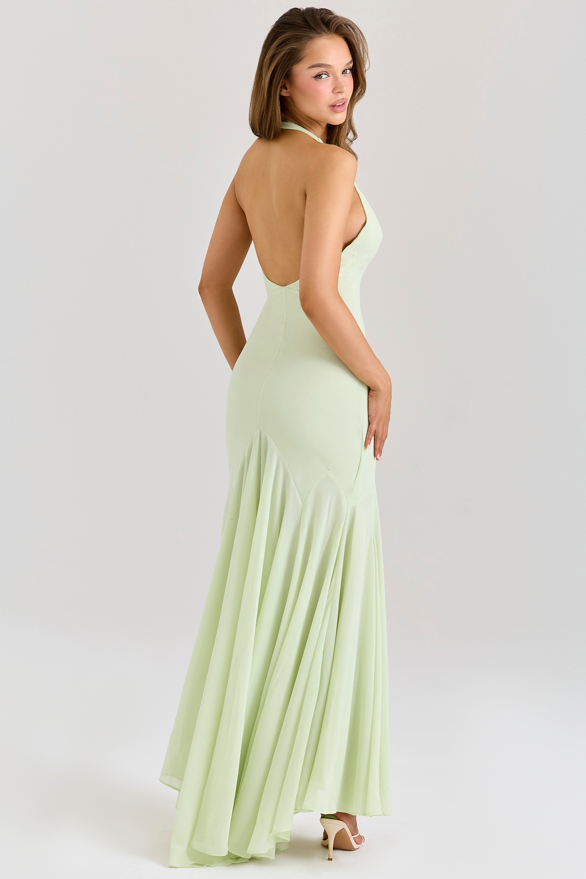 Tamara-Pistachio Georgette Draped Midi Dress